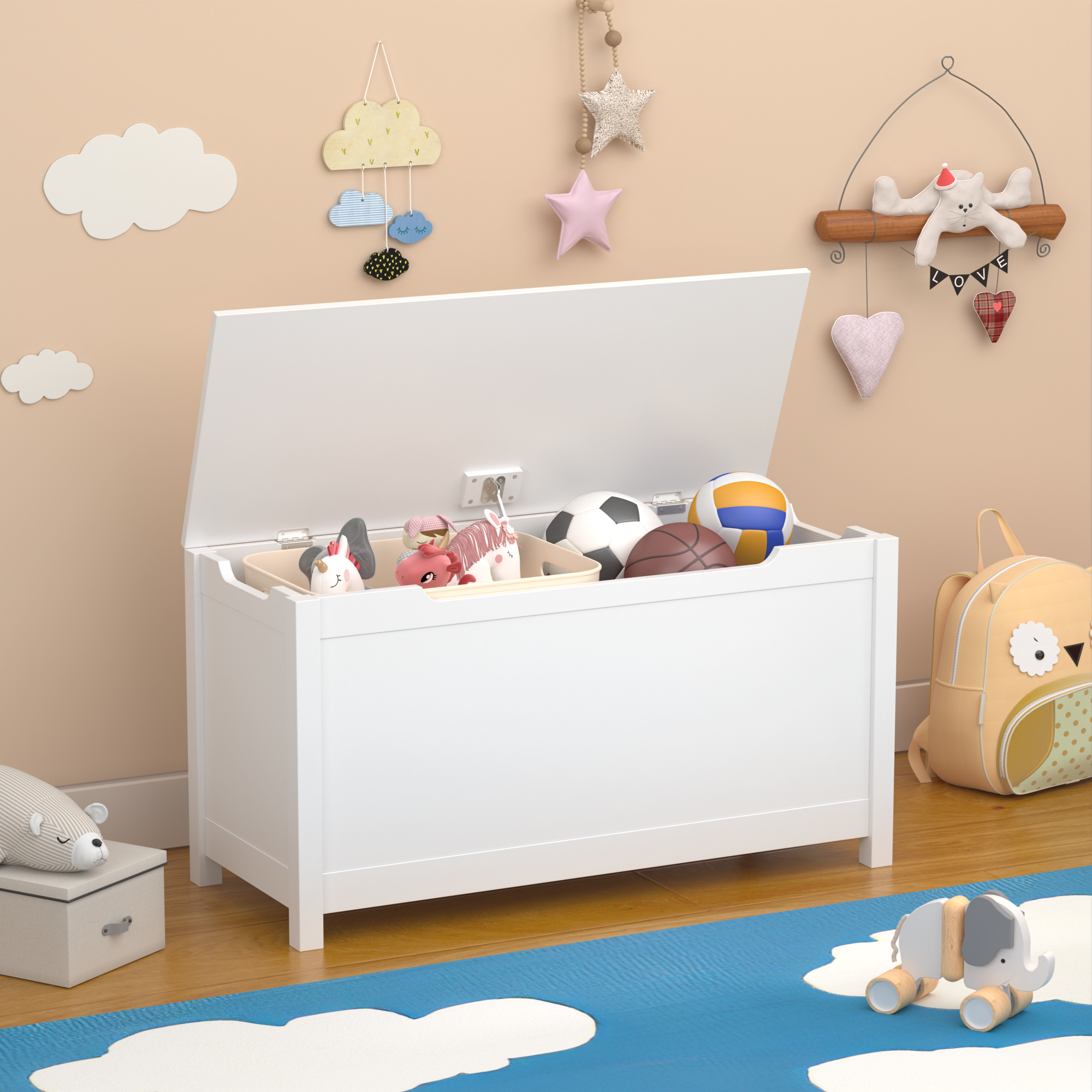 Kids Wooden Toy Box Storage With Safety Hinged Lid For Ages 2 White