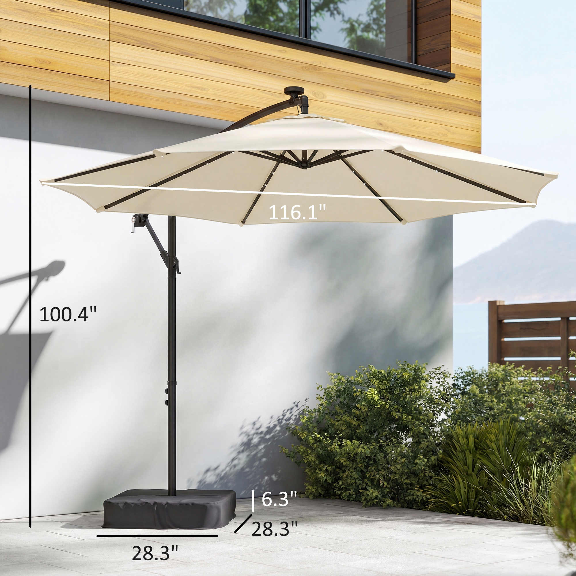  10 ft Cantilever Patio Umbrella with Light, Weight, Offset Hanging Outdoor Umbrella with Protective Cover, Cream White