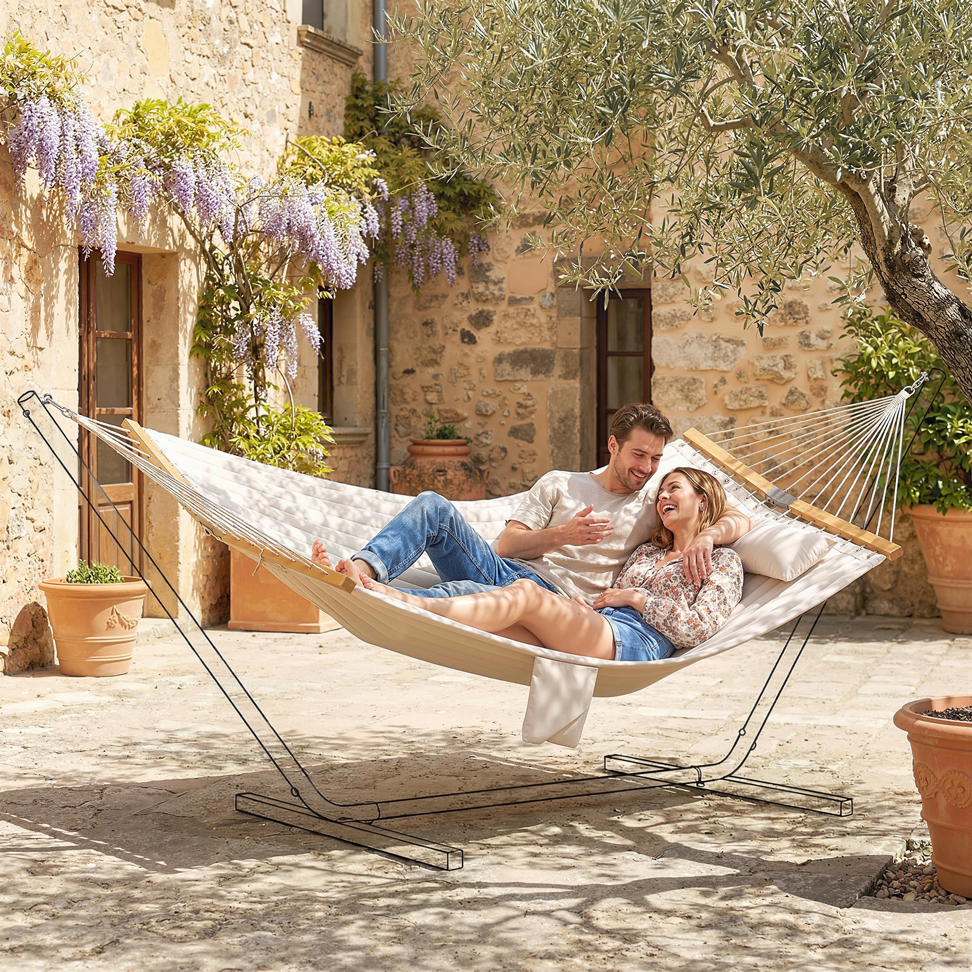 Outdoor Hammock 2-Person, with Pillow & Pad, 440 lbs Capacity, Cream White