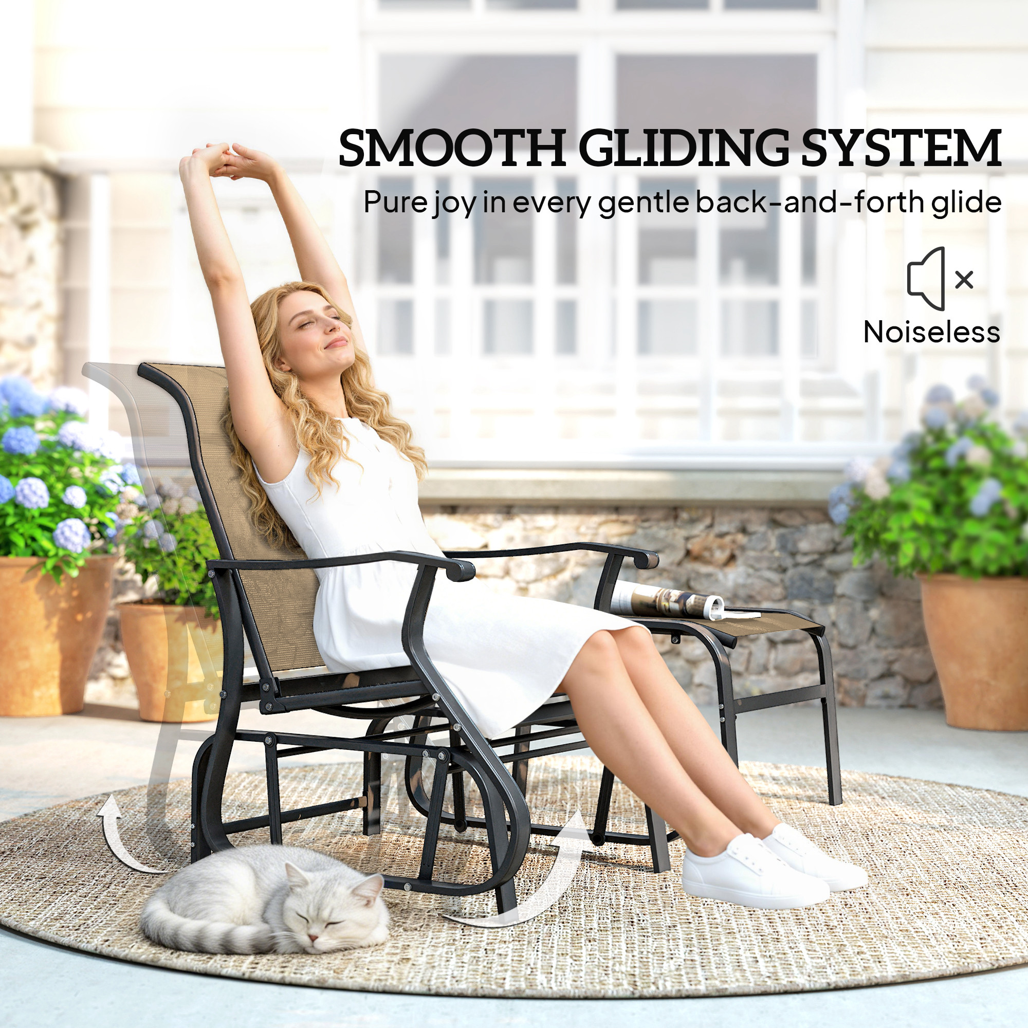  Outdoor Glider with Ottoman, Patio Glider Chair Set with High Back, Wide Seat for Porch, Garden, Backyard, Tan