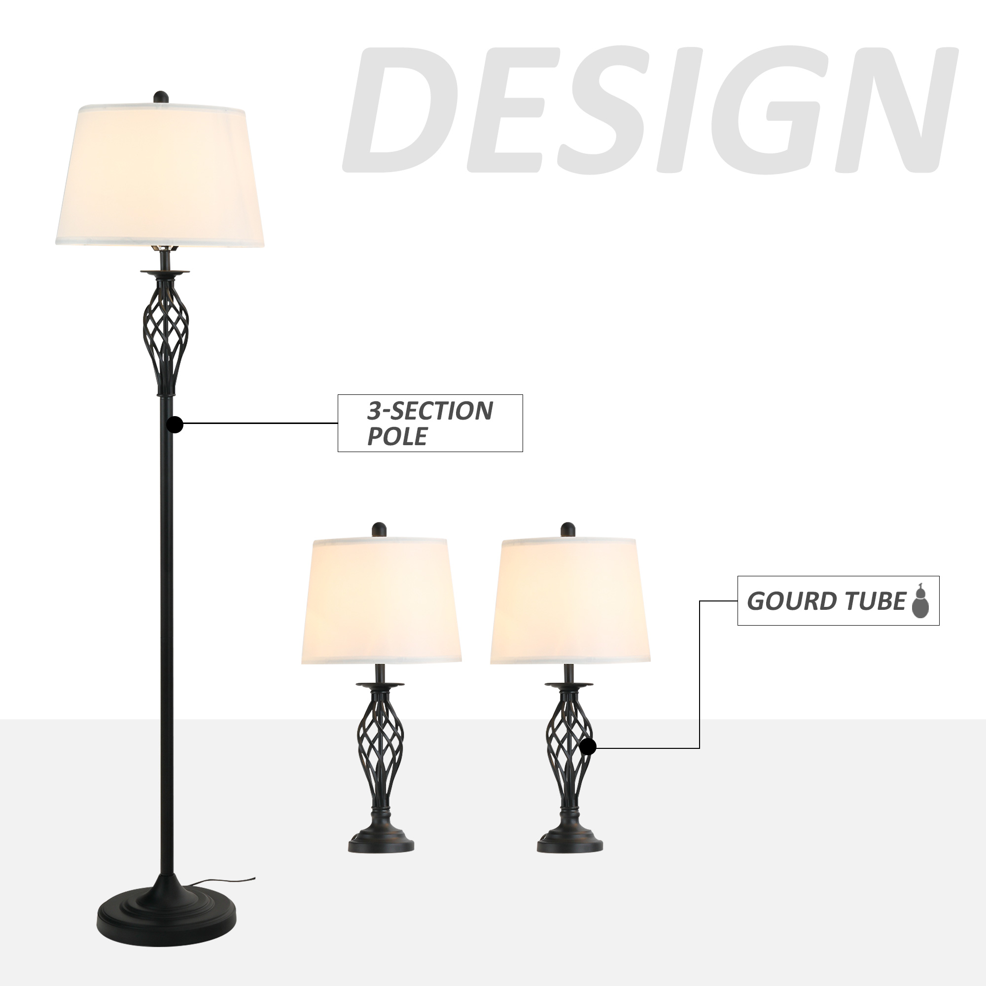  3 Piece Table Floor Lamp Set with Metal Pole, Round Base, and Fabric Lampshade, for Living Room, Black/White