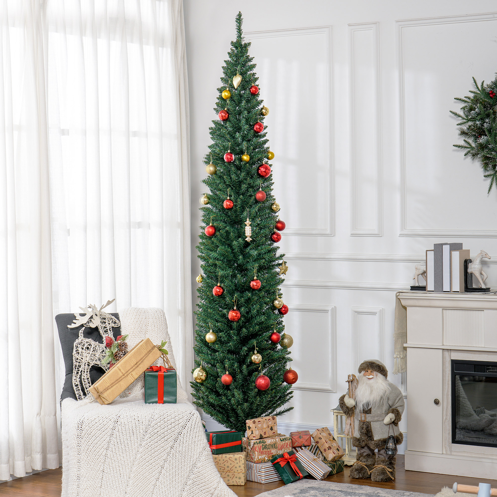 8ft Unlit Pencil Artificial Christmas Tree with Realistic Branches and 618 Tips, Plastic Base, Green