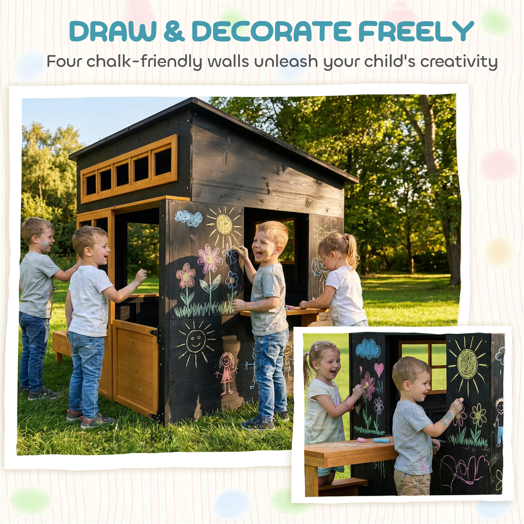 Outdoor Playhouse, Wooden Kids Playhouse w/ Picnic Table & Benches, Chalkboards, Half Door, Windows, for Kids Ages 3-8