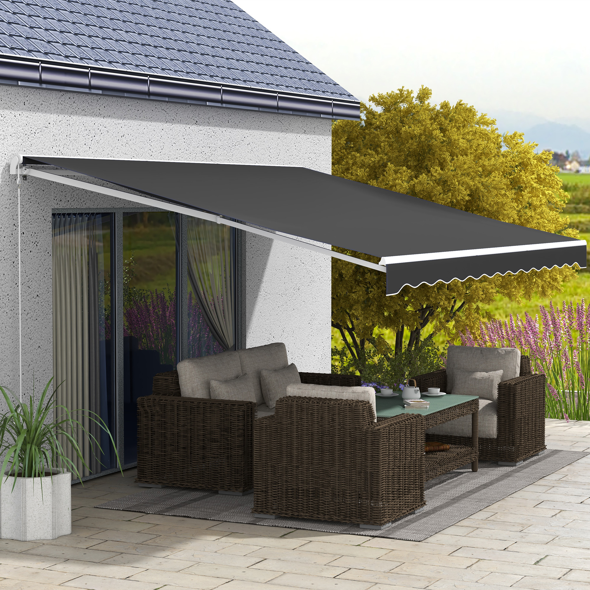 16 x 10 Electric Awning, Retractable Awning, UV Protection Sun Shade Shelter with Remote Controller and Manual Crank Handle for Deck, Balcony, Yard, Black