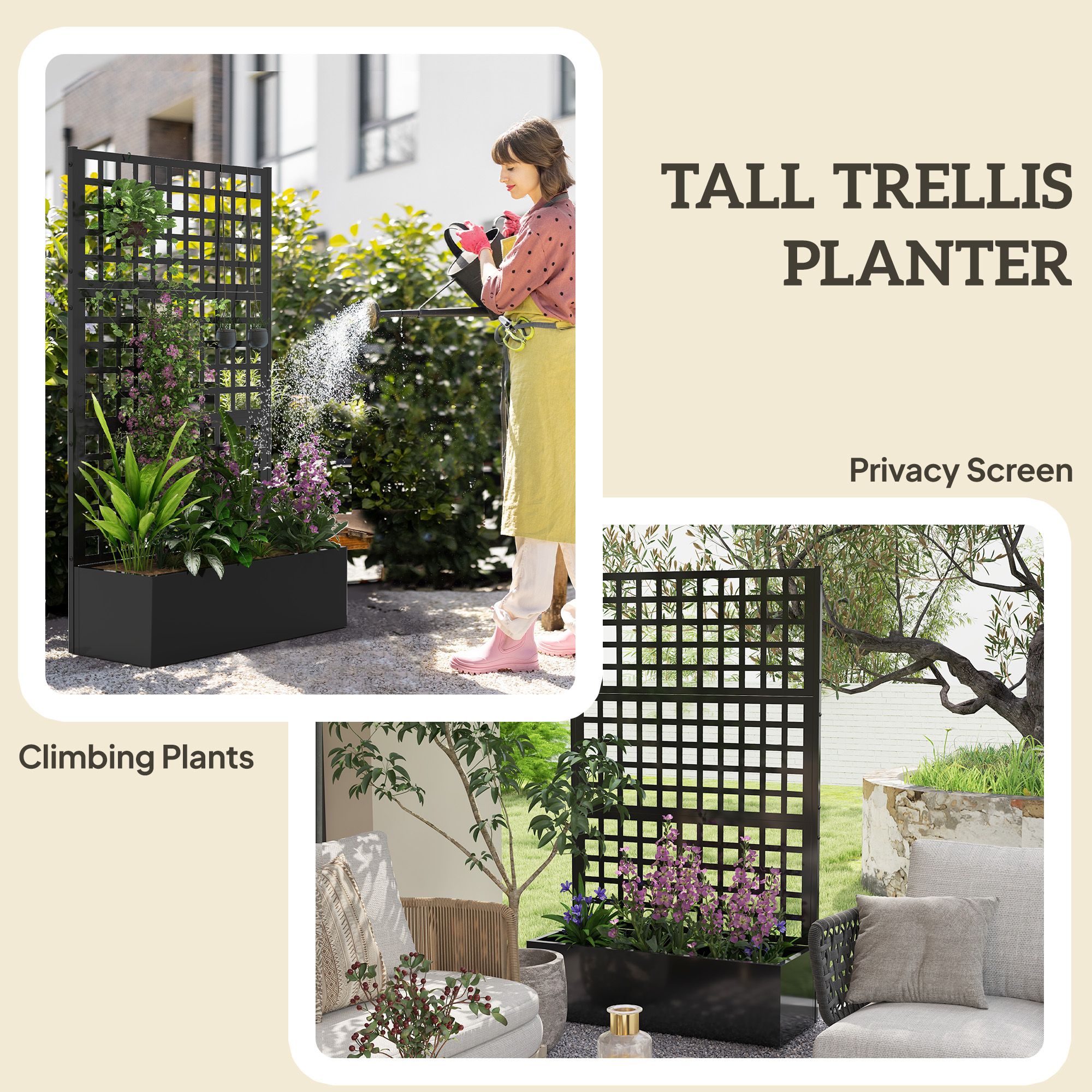  Galvanized Raised Garden Bed Planter Box with Trellis for Climbing Plants, Vegetable, Vines, 43" x 16" x 70", Black