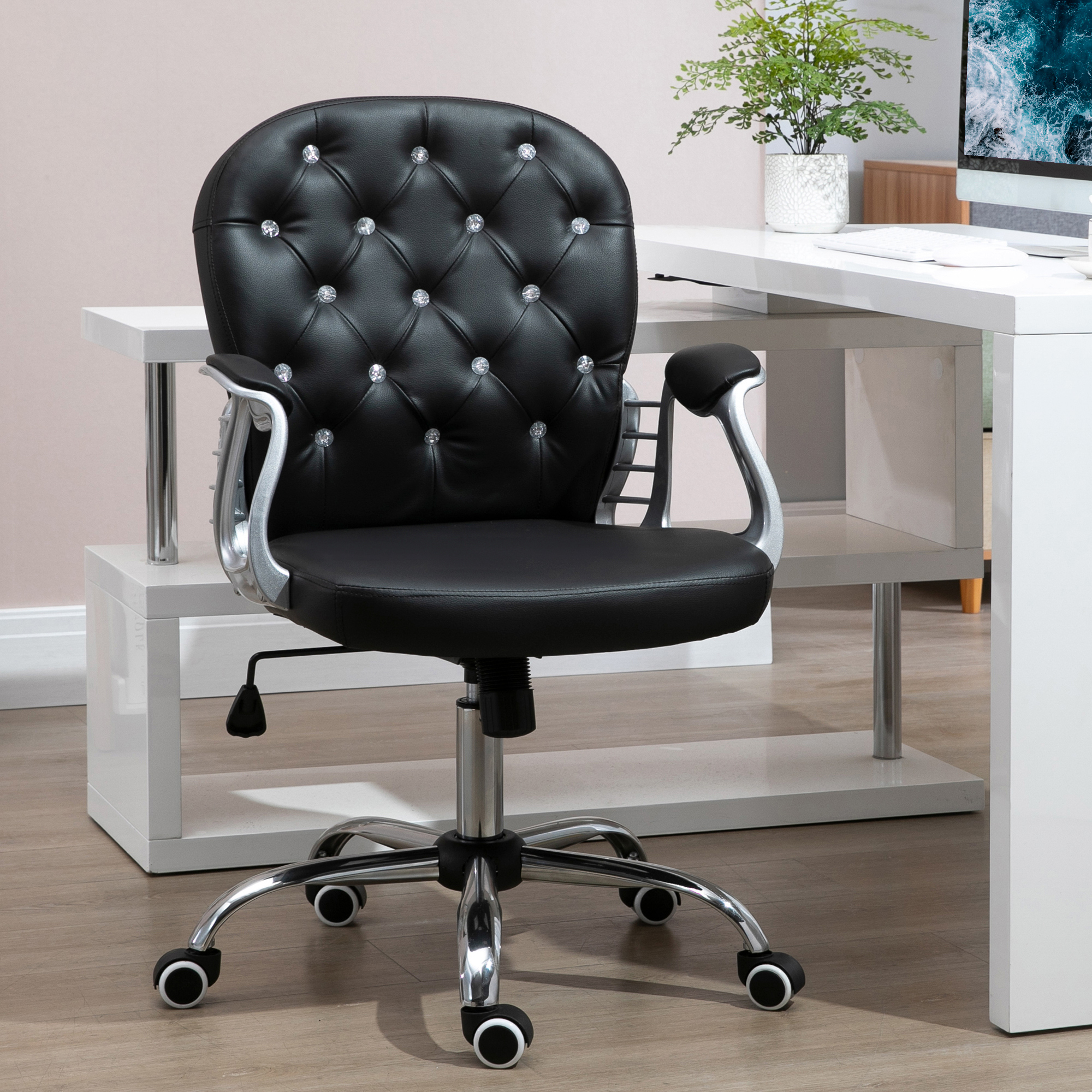 Makeup Vanity Chair, PU Leather Computer Task Chair with Button Tufted, Padded Armrests, Adjustable Height and Swivel Wheels, Black