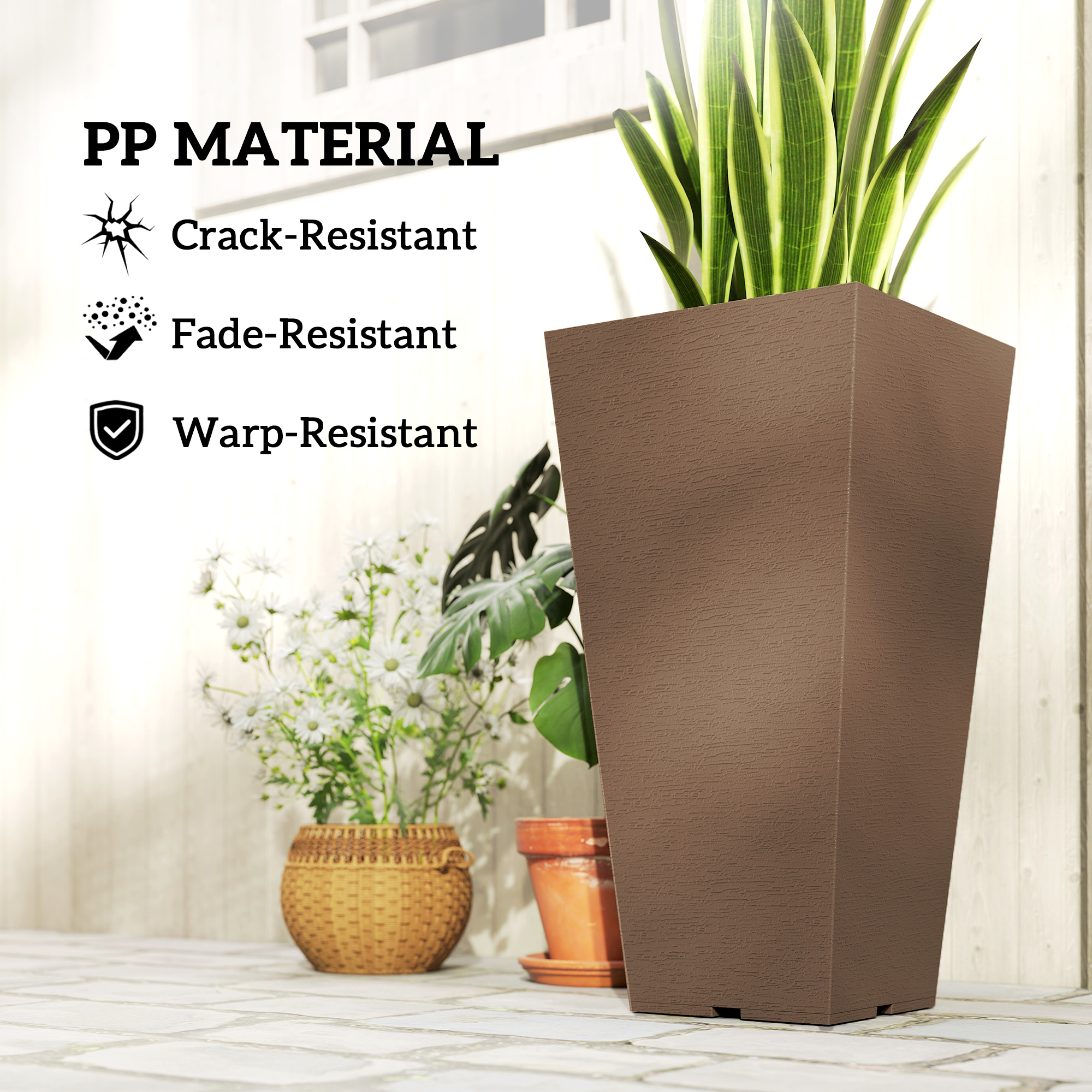  23 Inch Tall Planters for Outdoor Plants, Set of 2 Plastic Flower Pots, for Front Door Patio Garden Use, Brown