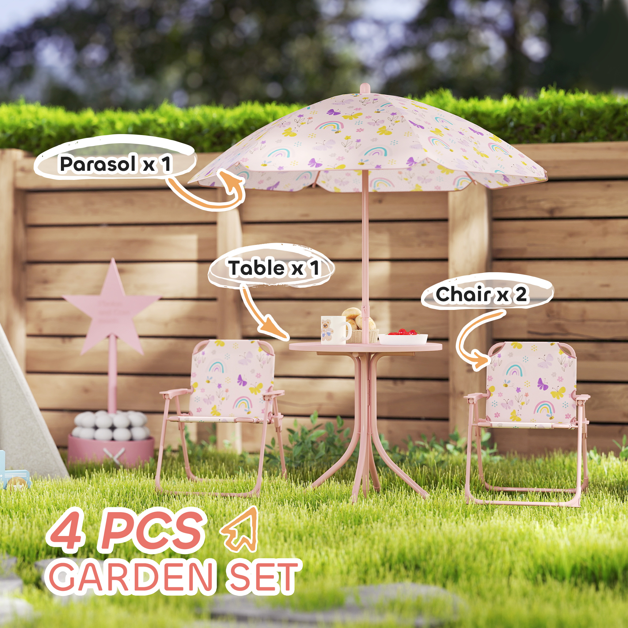 Kids Picnic Table and Chair Set, Outdoor Activity Table with Foldable Chairs, Removable Umbrella for Backyard, Pink