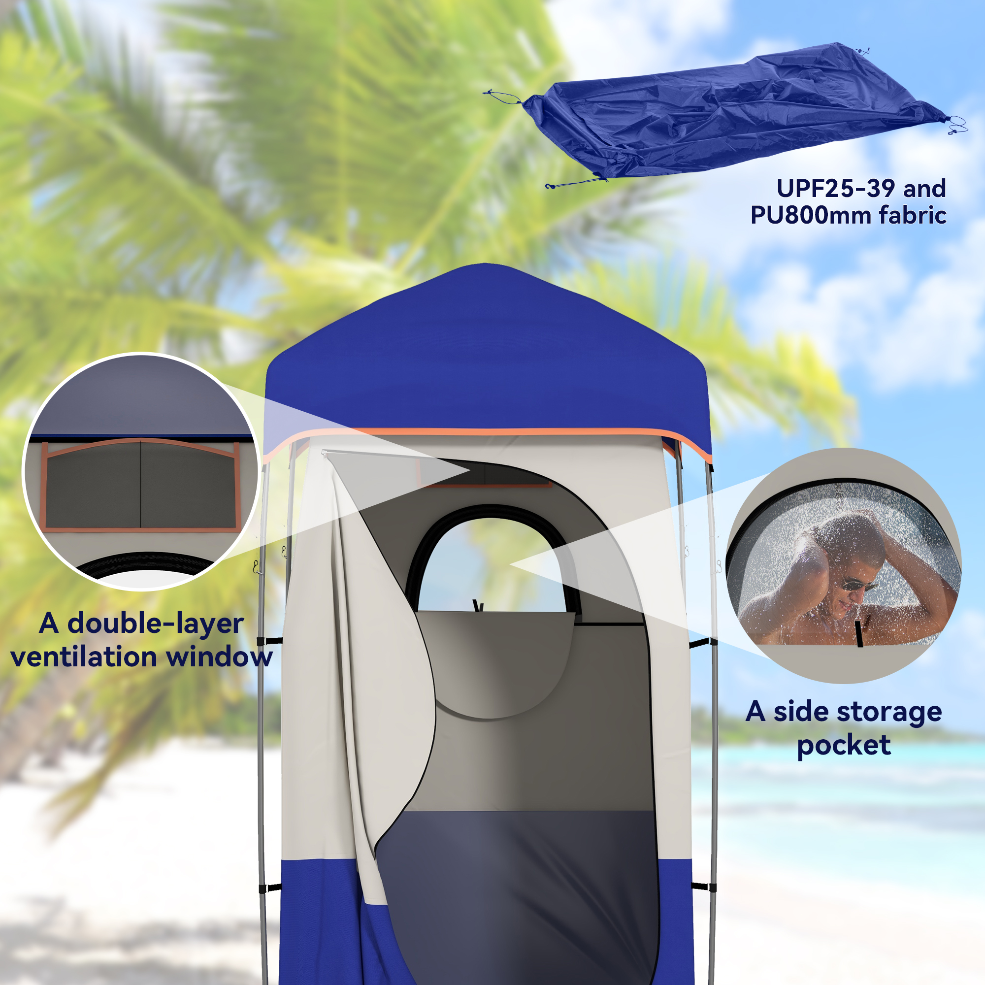  Camping Shower Tent, Portable Privacy Shelter with Solar Shower Bag, Removable Floor and Carrying Bag, Blue