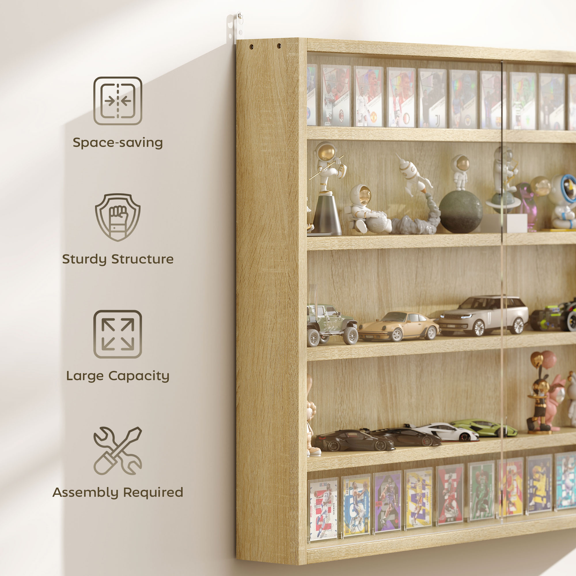 5-Tier Display Cabinet, Wall-Mounted Display Case with 2 Glass Doors and Adjustable Shelves, Oak image 5