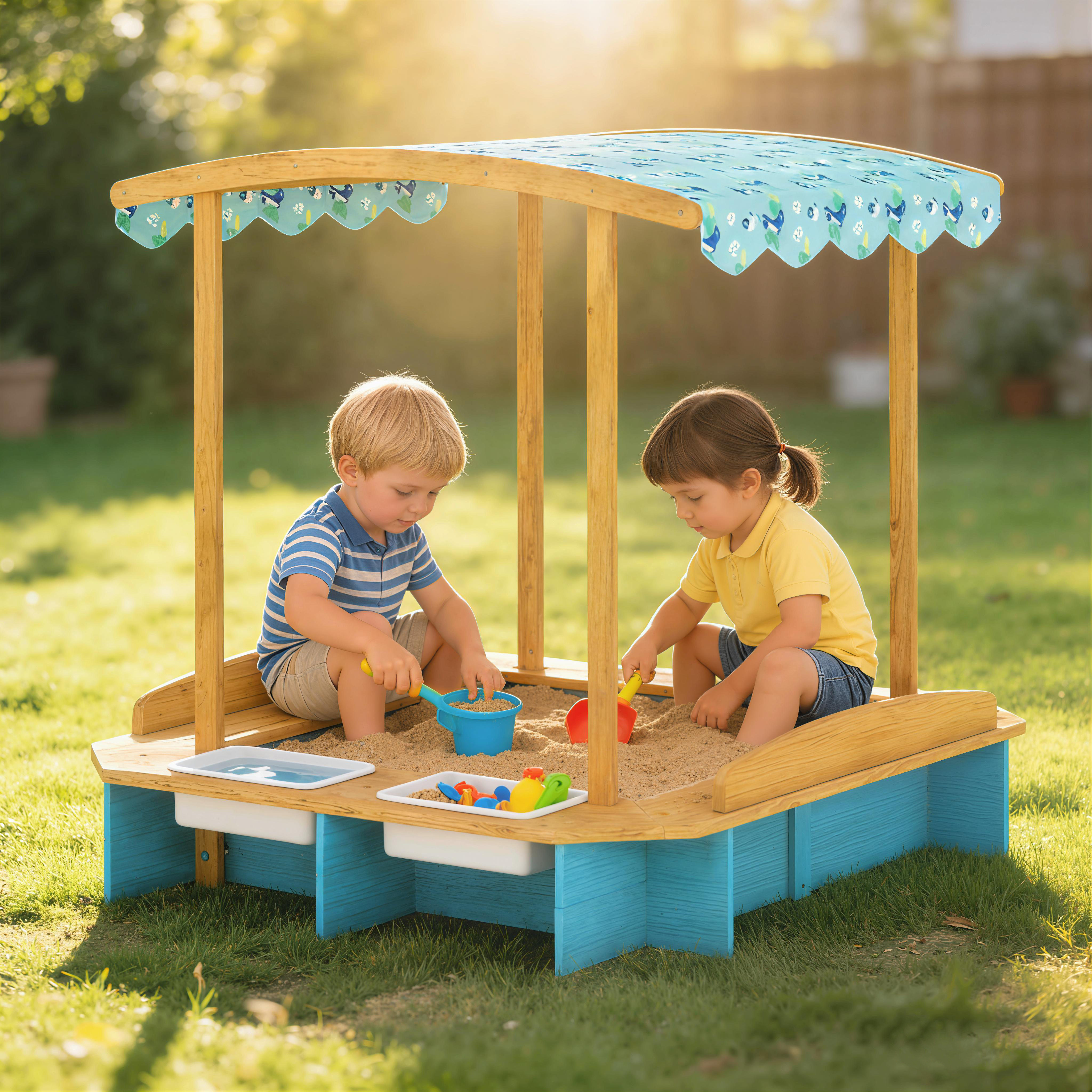 Wooden Sandbox with Dinosaur Print Canopy Kids Sandbox Outdoor with Bench Seats & 2 Storage Bins - Image 1