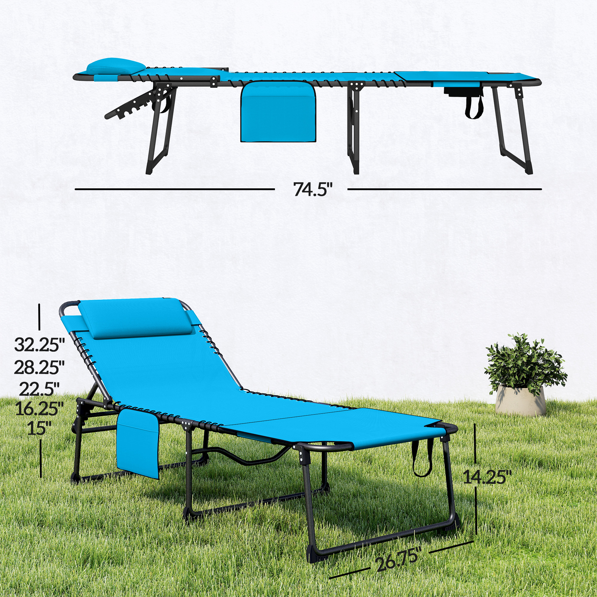  Folding Chaise Tanning Lounge Chair w/ 5-level Reclining Back, Reading Hole, Side Pocket, Headrest, Blue