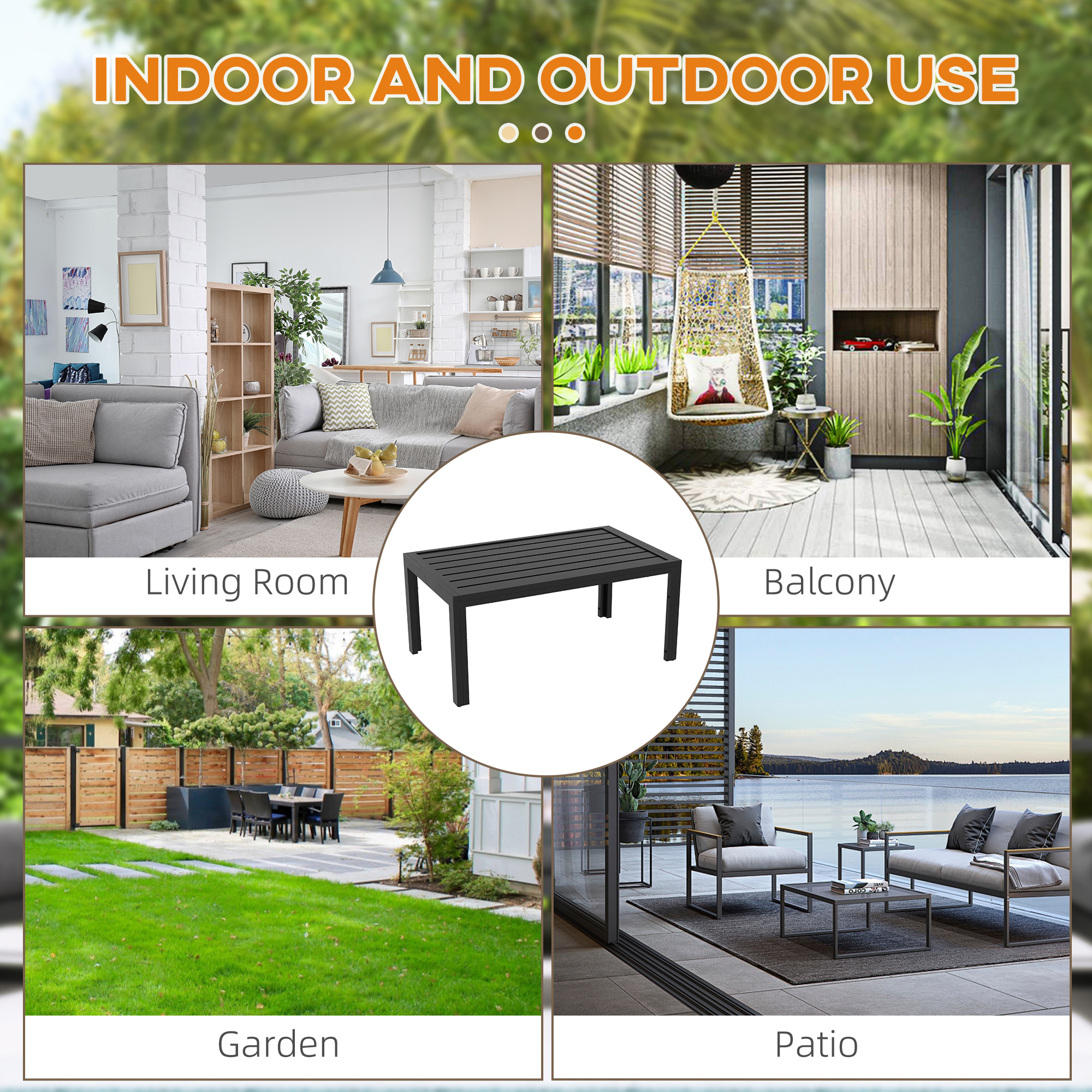  Outdoor Coffee Table, Rectangular Patio Side Table with Steel Frame and Slat Tabletop for Garden, Balcony, Black