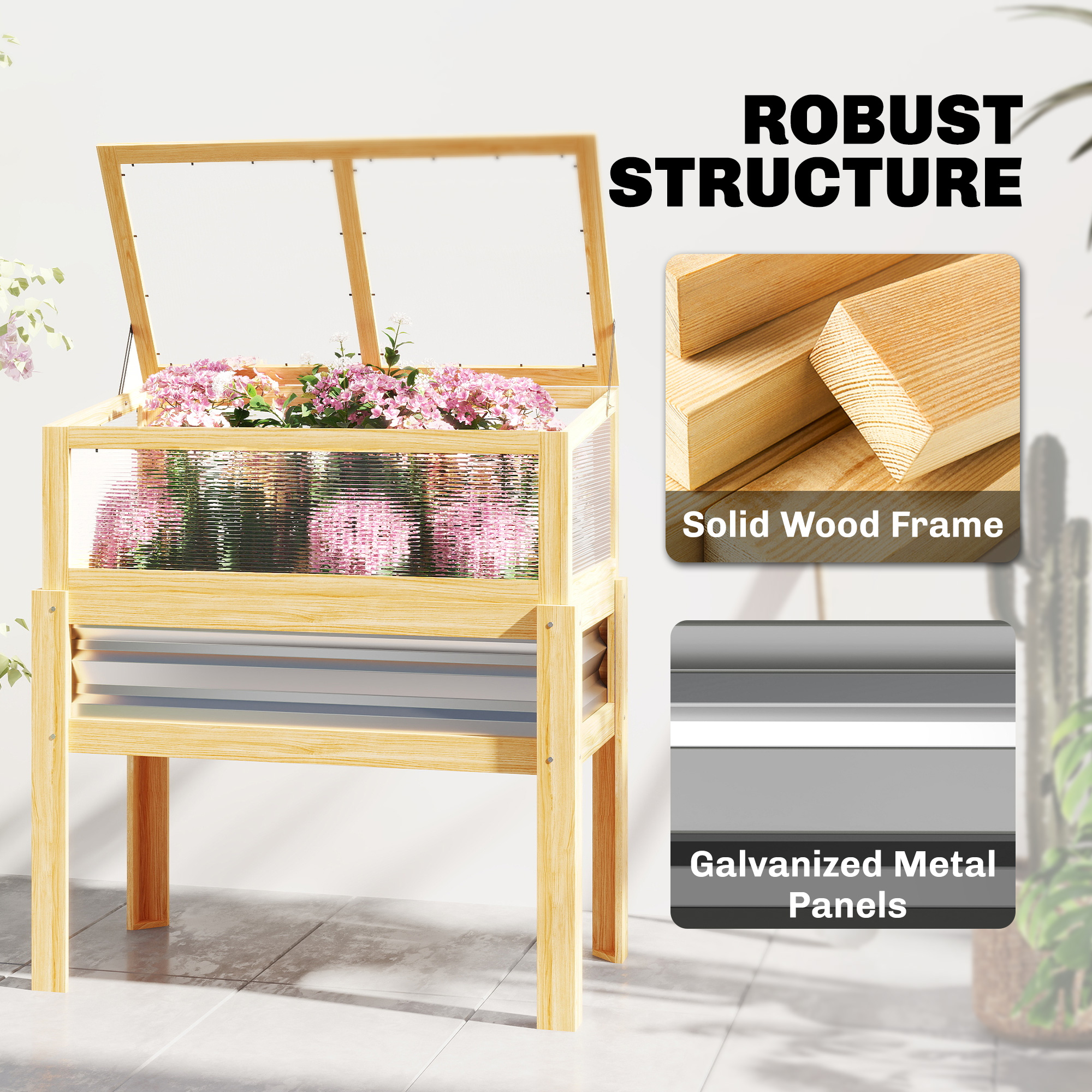  Raised Garden Bed with Mini Greenhouse, Elevated Planter Box with Legs and Bed Liner for Flowers, Vegetables