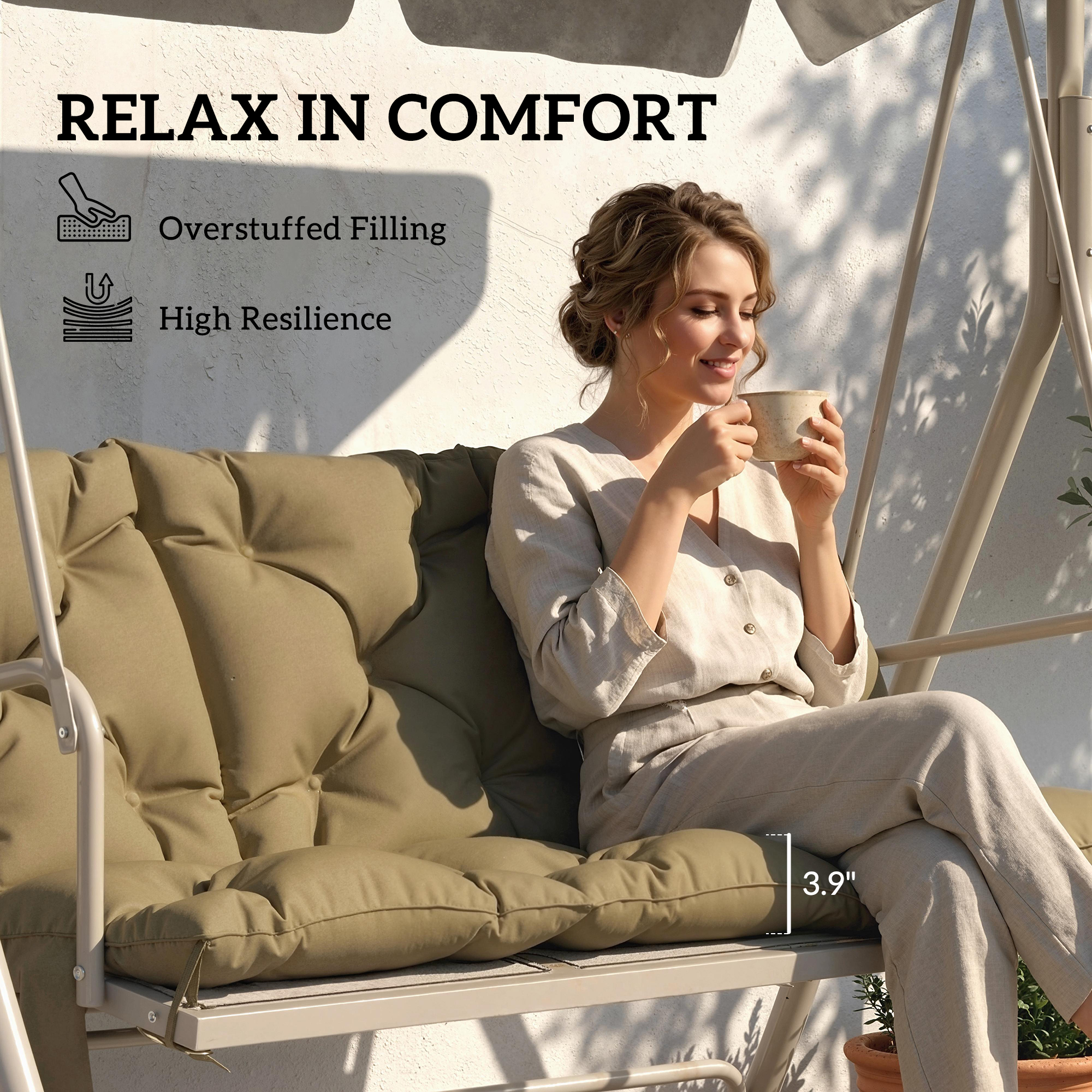  Bench Cushion Non-Slip Outdoor Swing Cushion w/Backrest Side Pocket for 3 Seater Patio Furniture Beige