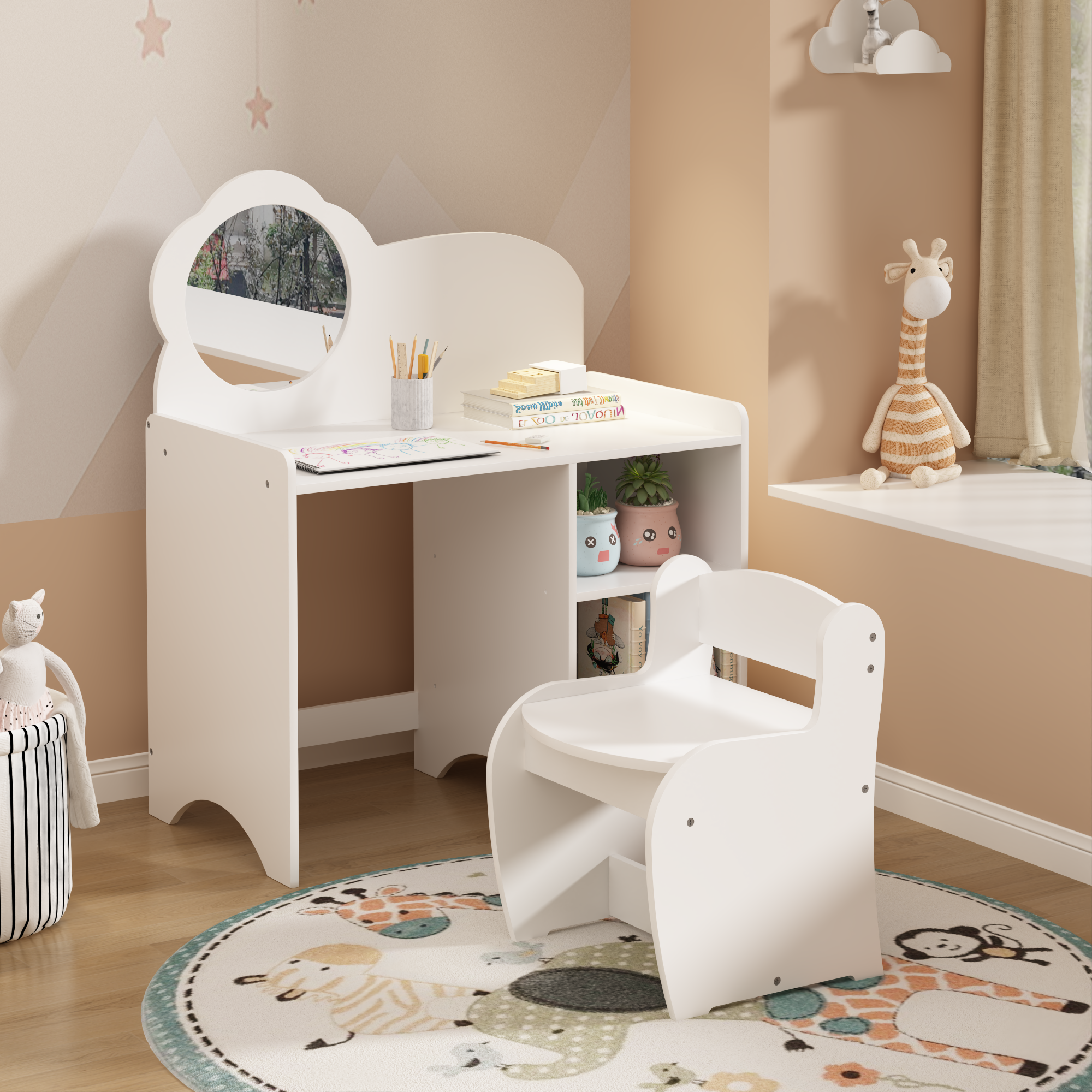 Kids Vanity Table With Mirror And Chair, Wooden Children's Dressing Makeup Desk With Storage Shelves, Study And Activity Table For Girls And Boys, Playroom Bedroom Furniture - White
