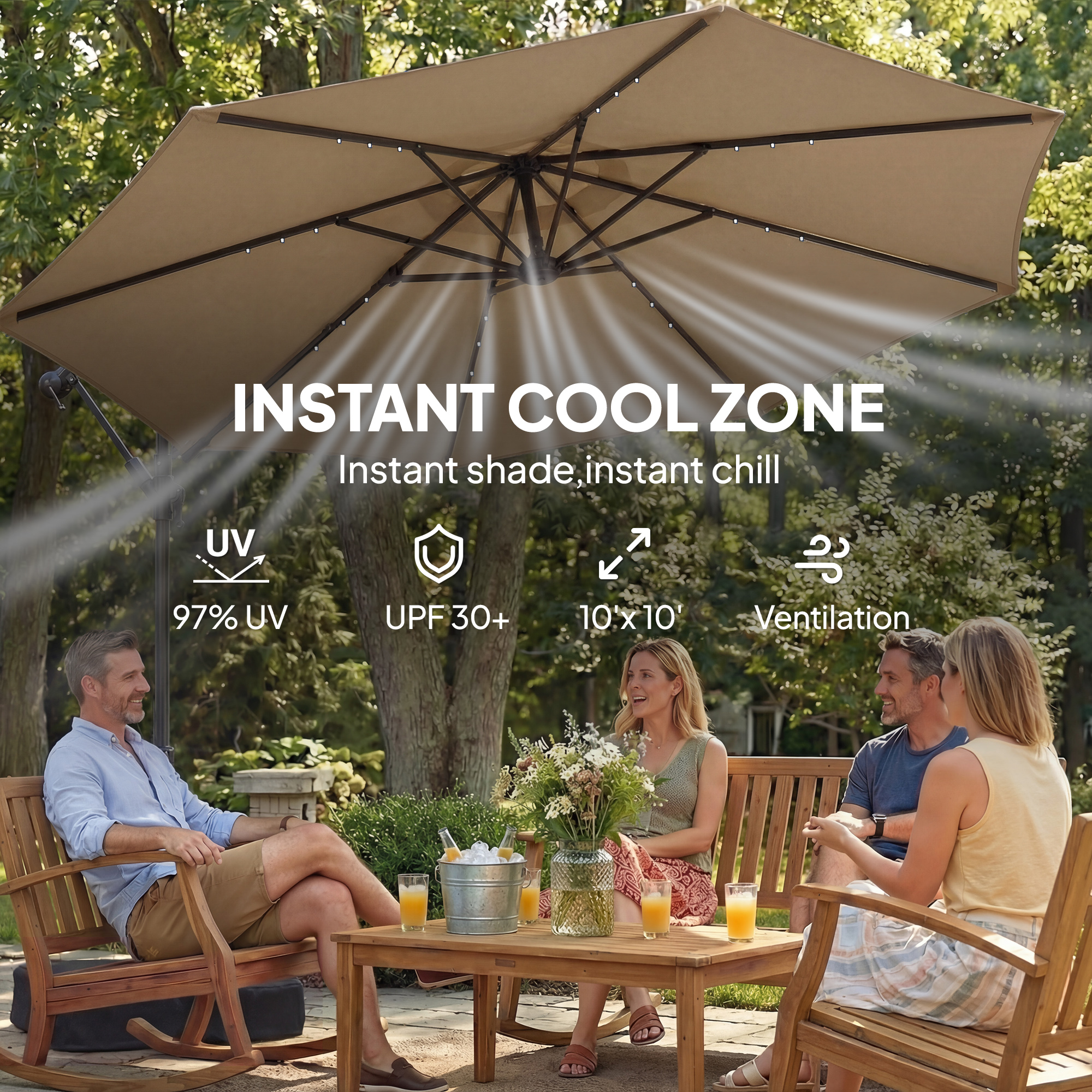  10 ft Cantilever Patio Umbrella with Light, Weight, Offset Hanging Outdoor Umbrella with Protective Cover, Tan