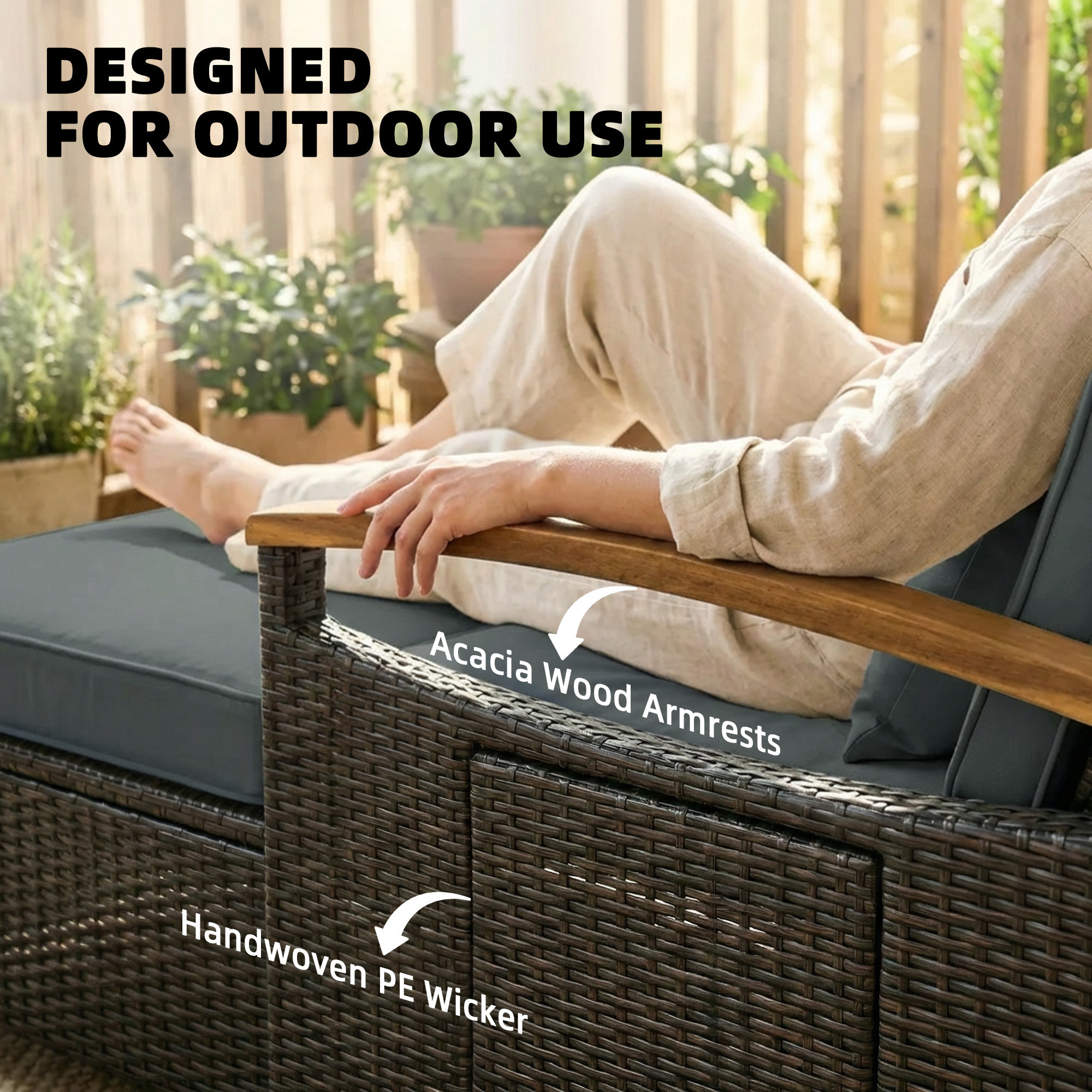  Rattan Outdoor Daybed w/4-Level Adjustable Backrest, Patio Sofa Bed w/Storage Ottoman, Acacia Wood Armrest, Mixed Gray