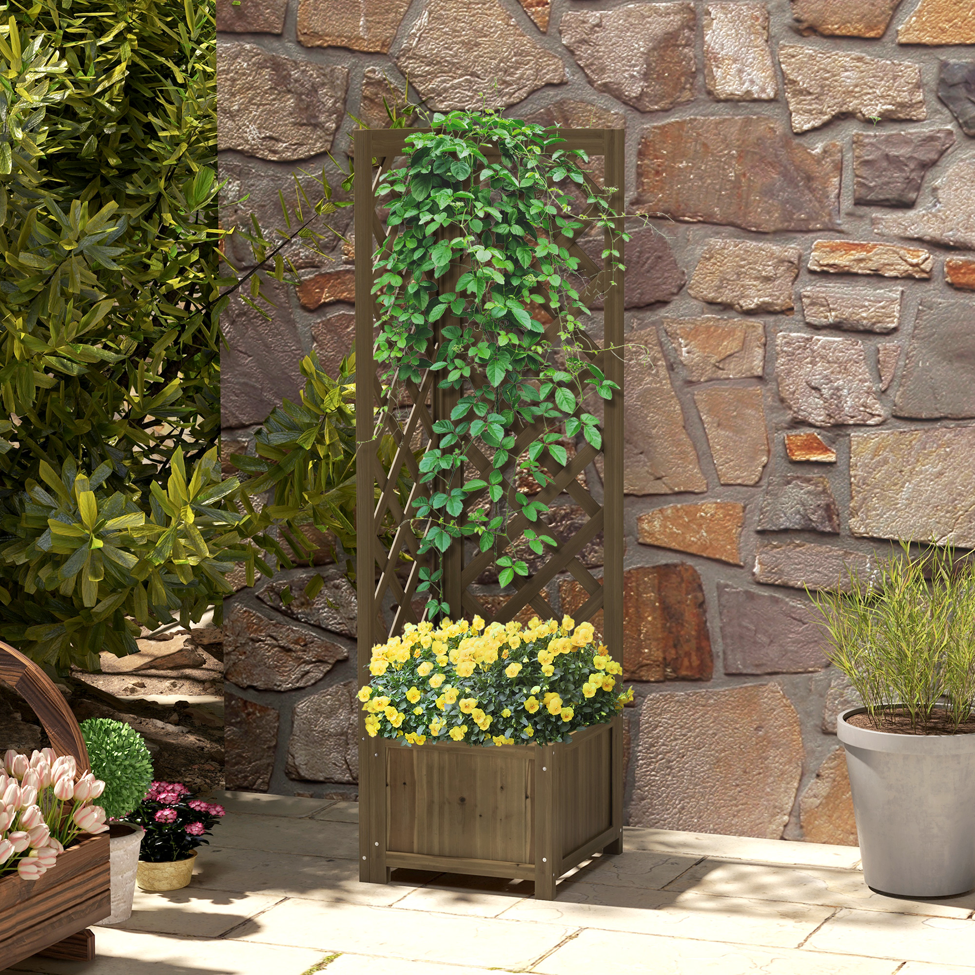  Wooden Raised Garden Bed, Planter with Trellis for Vine Climbing and Vegetables, Herbs and Flowers Growing, Carbonized