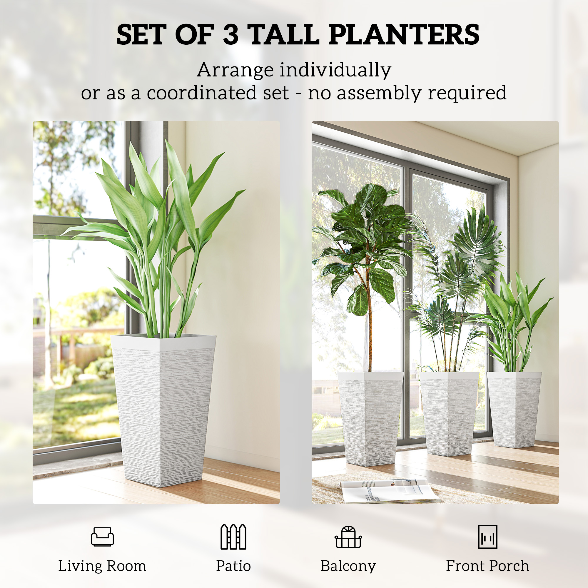  22.8 Inch Set of 3 Outdoor Planters with Stone Finish and Wheels, Stackable Tapered Planters with Drainage Hole, White