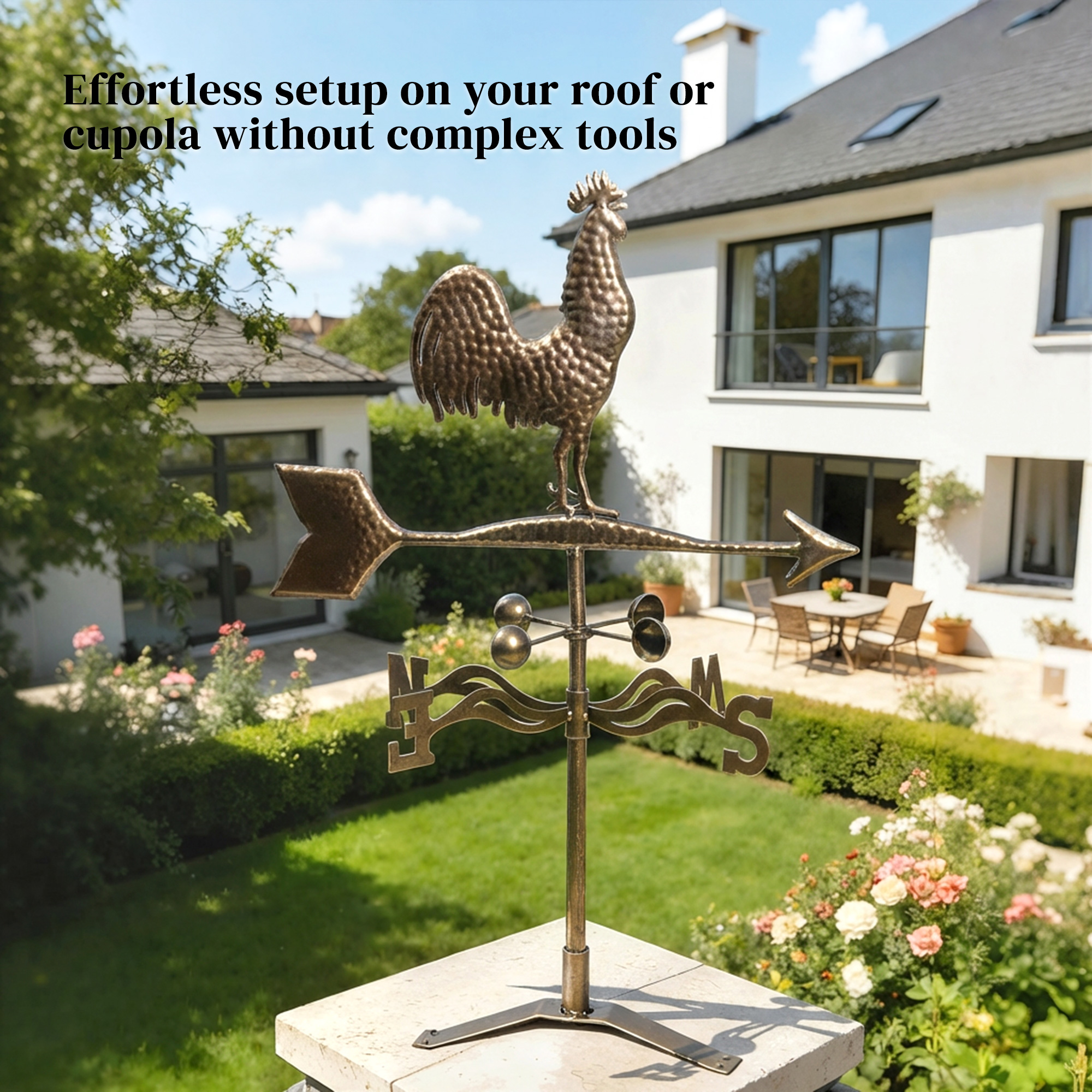  Metal Rooster Weathervane, Roof Mount Wind Direction Indicator, Outdoor Weather Vanes