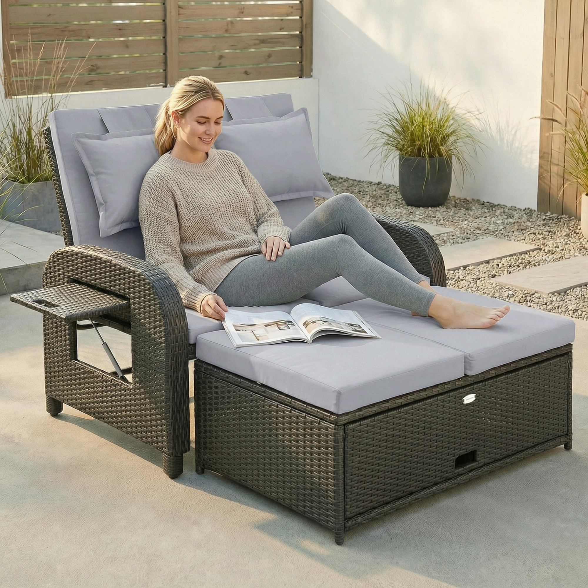  Patio Rattan Daybed, Wicker Outdoor Daybed with Storage Ottoman, Loveseat w/ Adjustable Backrest, Side Tables, Gray