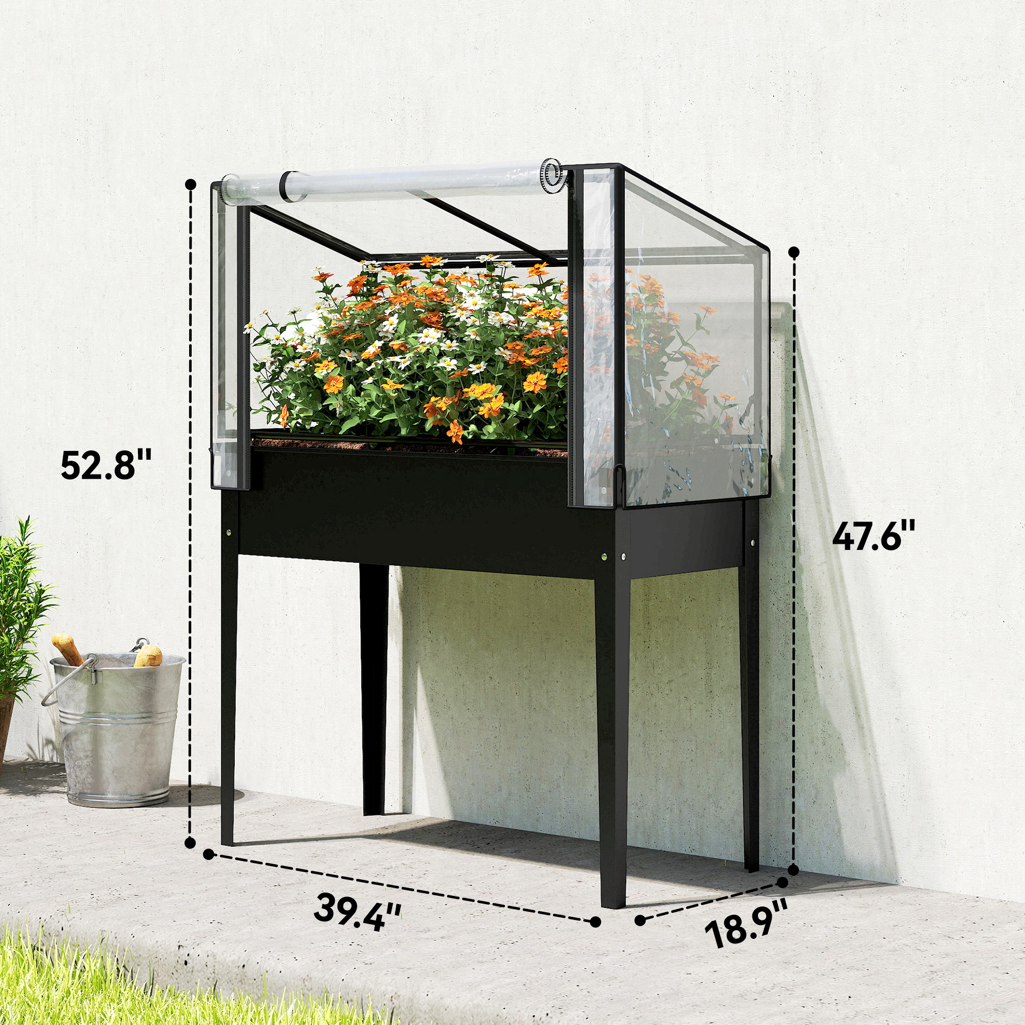  Raised Garden Bed with Flip-Up Greenhouse Cover, Metal Elevated Garden Bed with Legs and Drainage Hole, Black