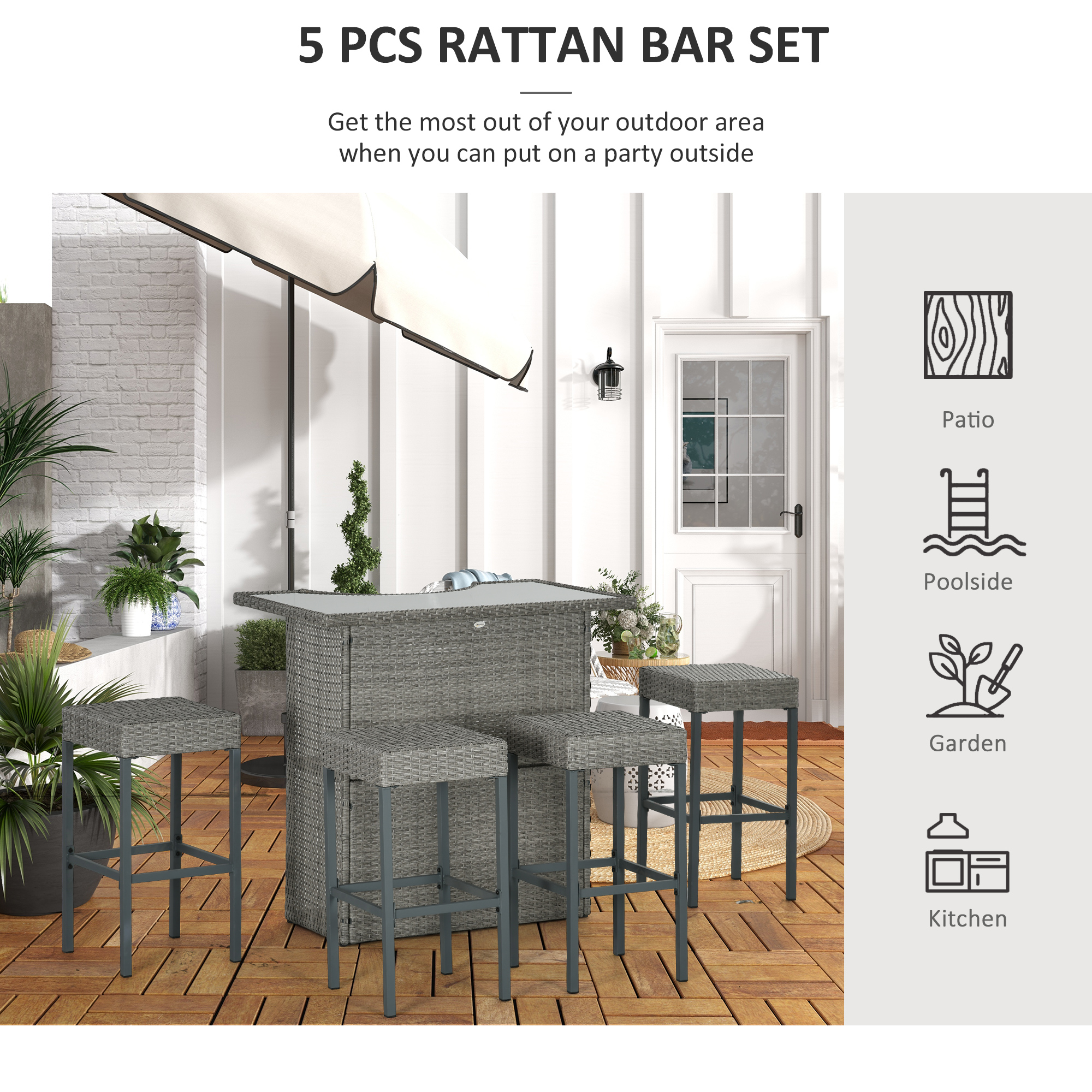  5 Piece Rattan Wicker Bar Set, High Top Outdoor Table and Chairs, Bar Height Patio Set, 2 Shelves & 4 Bar Stools, Gray