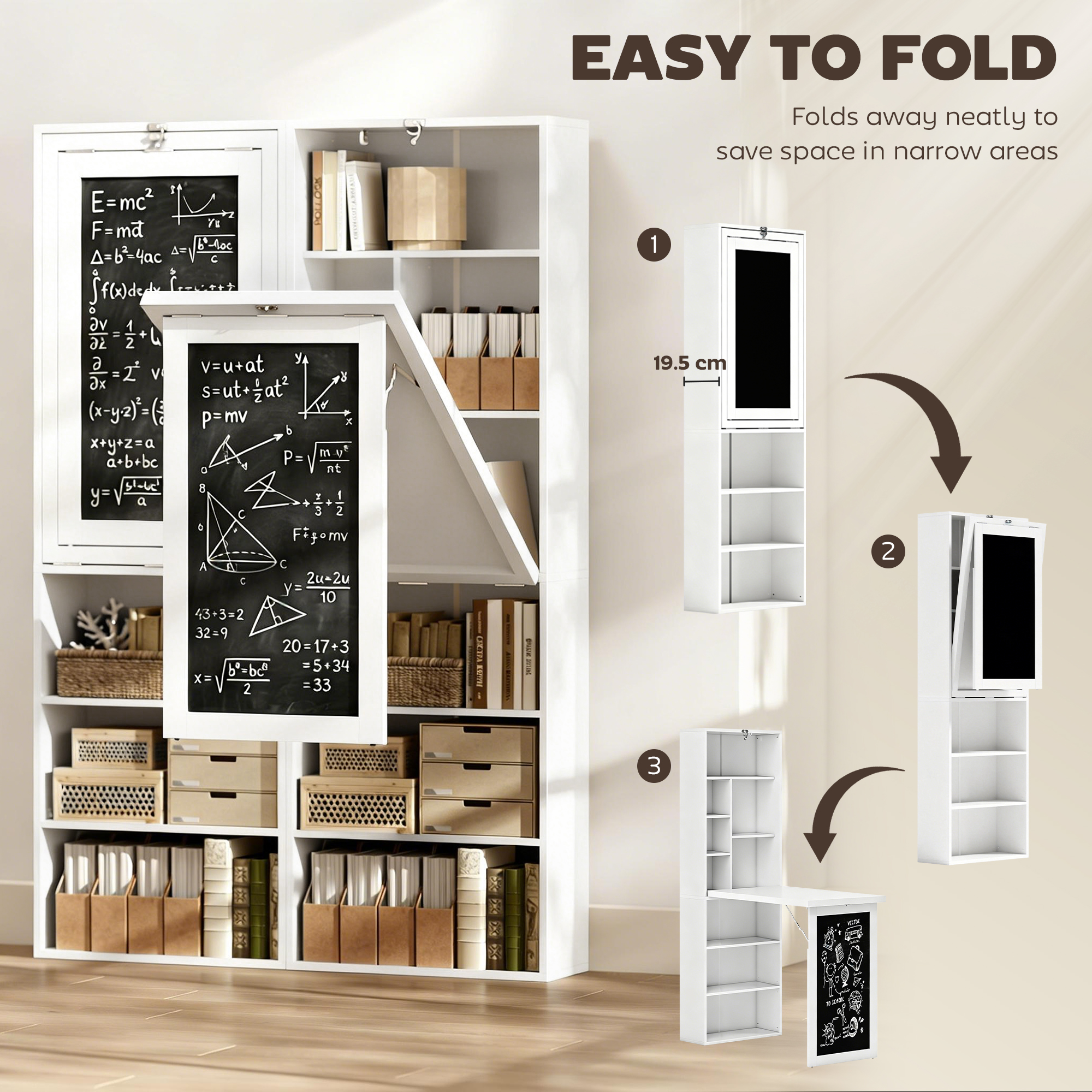 Fold-out Convertible Office Desk, Wall Mount Computer Desk with Blackboard and Side Shelf, White image 3
