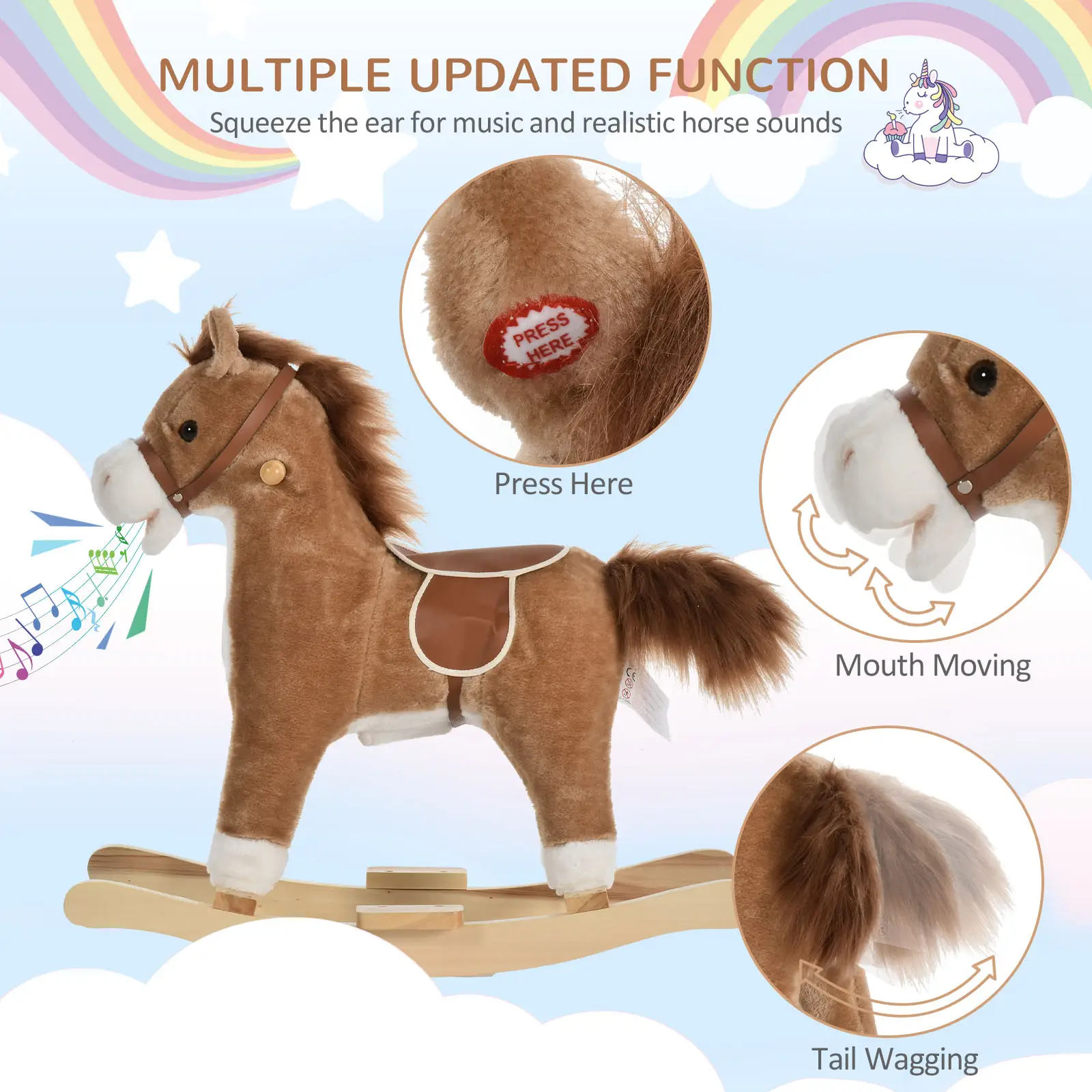 Rocking Horse Plush Animal on Wooden Rockers, Baby Rocking Chair with Sounds, Moving Mouth, Wagging Tail, Brown