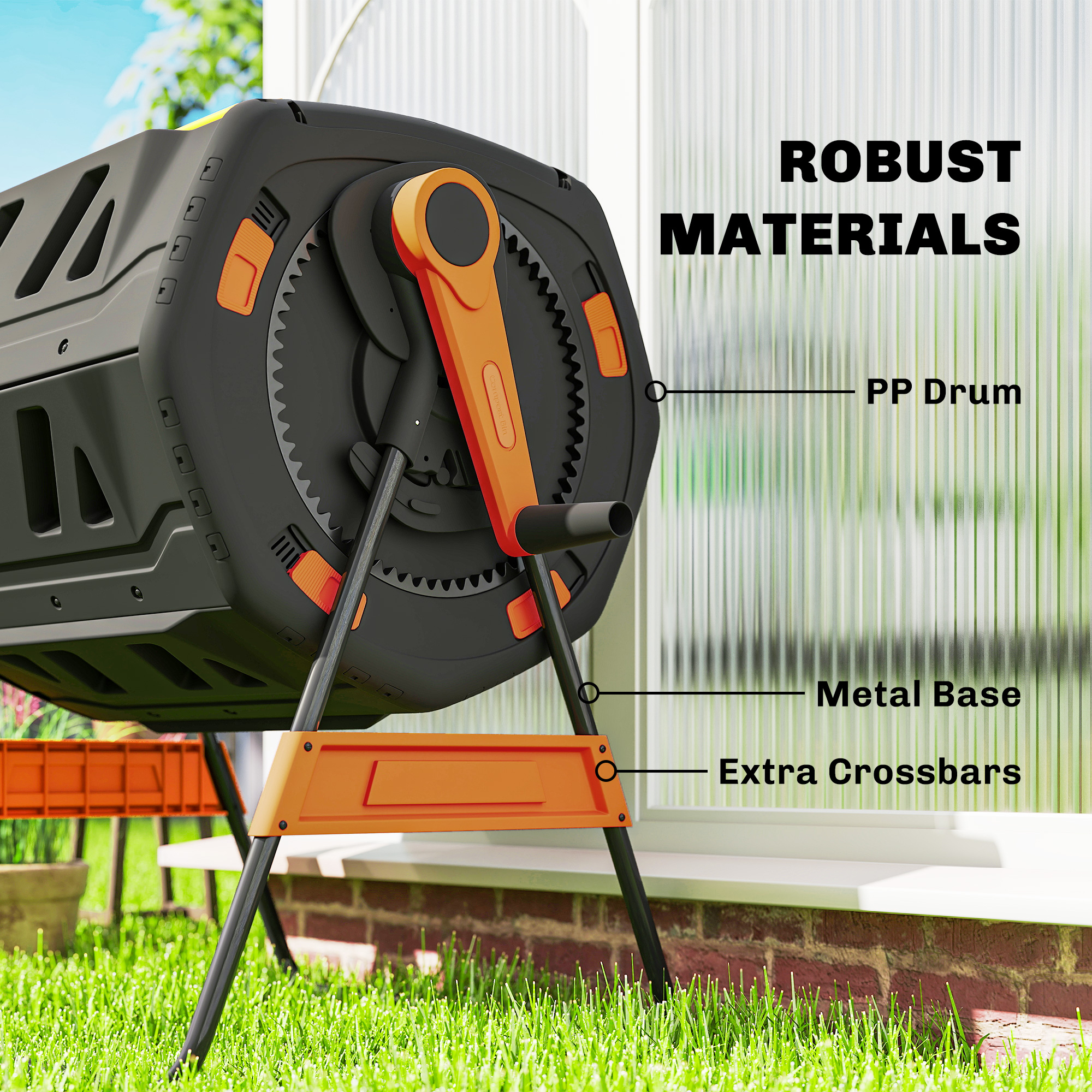  Compost Bin Outdoor, 53 Gal Dual Chamber Tumbling Composter with Adjustable Vents, BPA Free Tumbling Composter, Orange