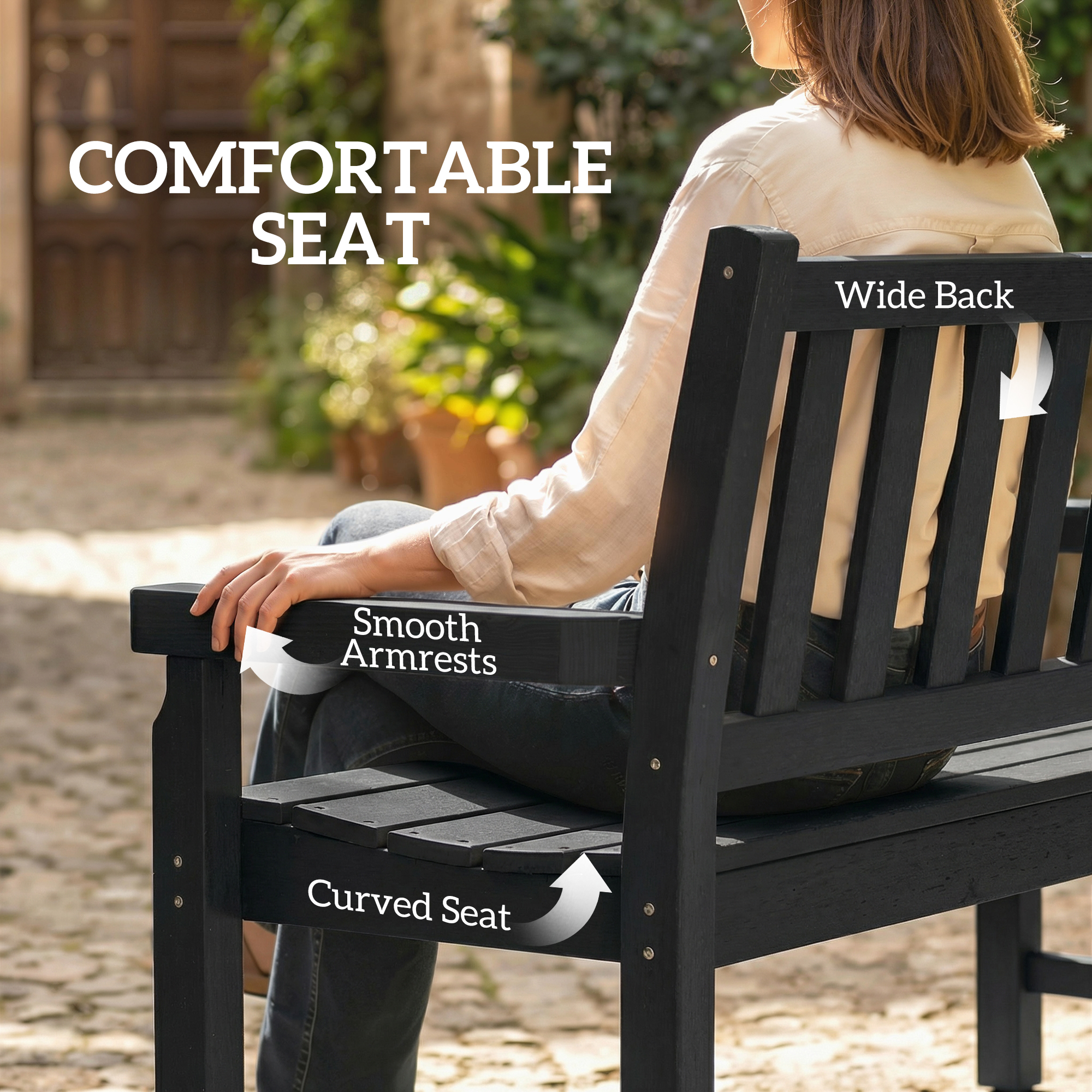  2-Person Garden Bench, HDPE Outdoor Bench with 530 lbs Capacity, Curved Seat for Backyard, Park, Porch, Lawn, Black