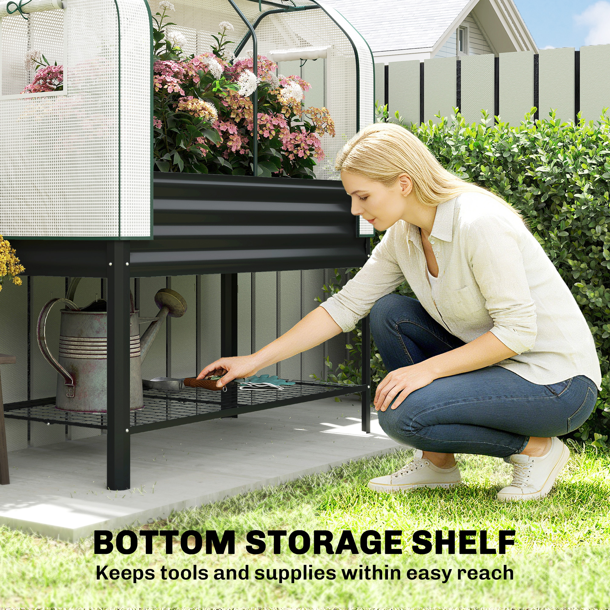  Galvanised Raised Garden Bed with Greenhouse Cover, Metal Elevated Garden Bed with Bed Liner, Bottom Shelf, Black