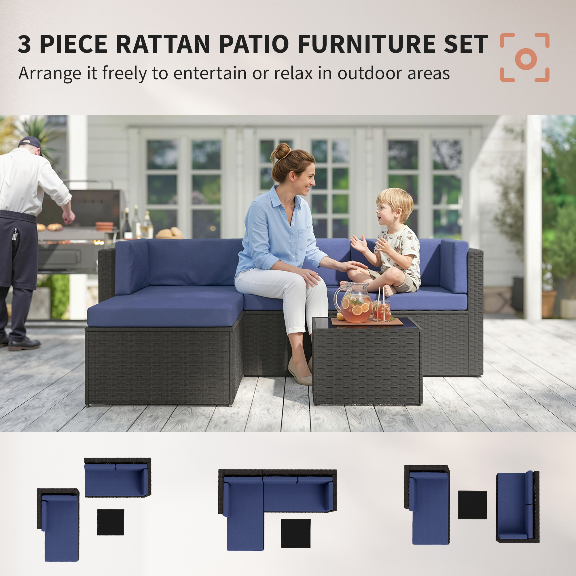  3 Piece Patio Furniture Set, Wicker Outdoor Patio Conversation Furniture Set with Cushions, Glass Top Table, Navy Blue