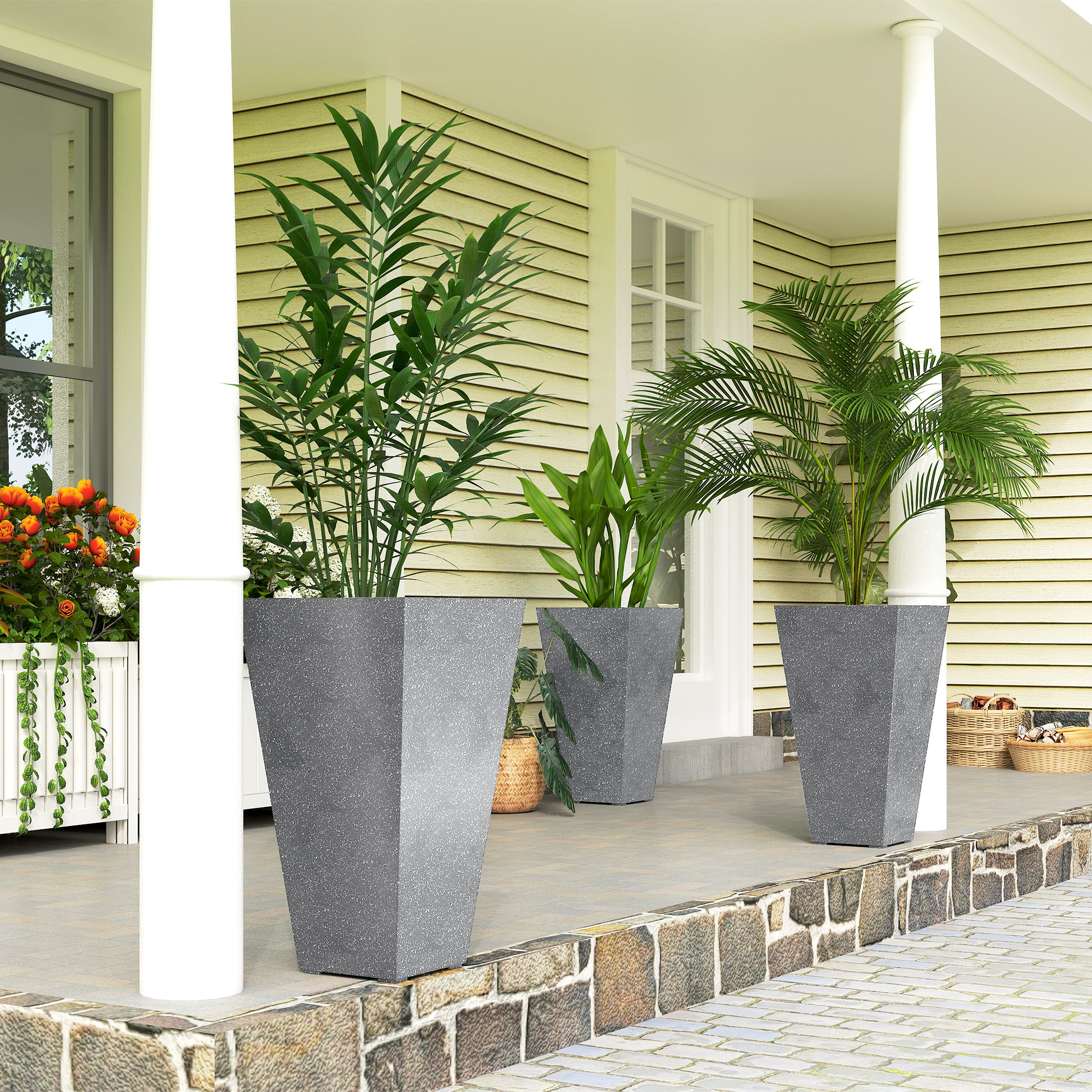  28" Tall Planters, Set of 3 Plastic Flower Pots with Marble Finish and Drainage Holes, Stackable Taper Planters, Gray