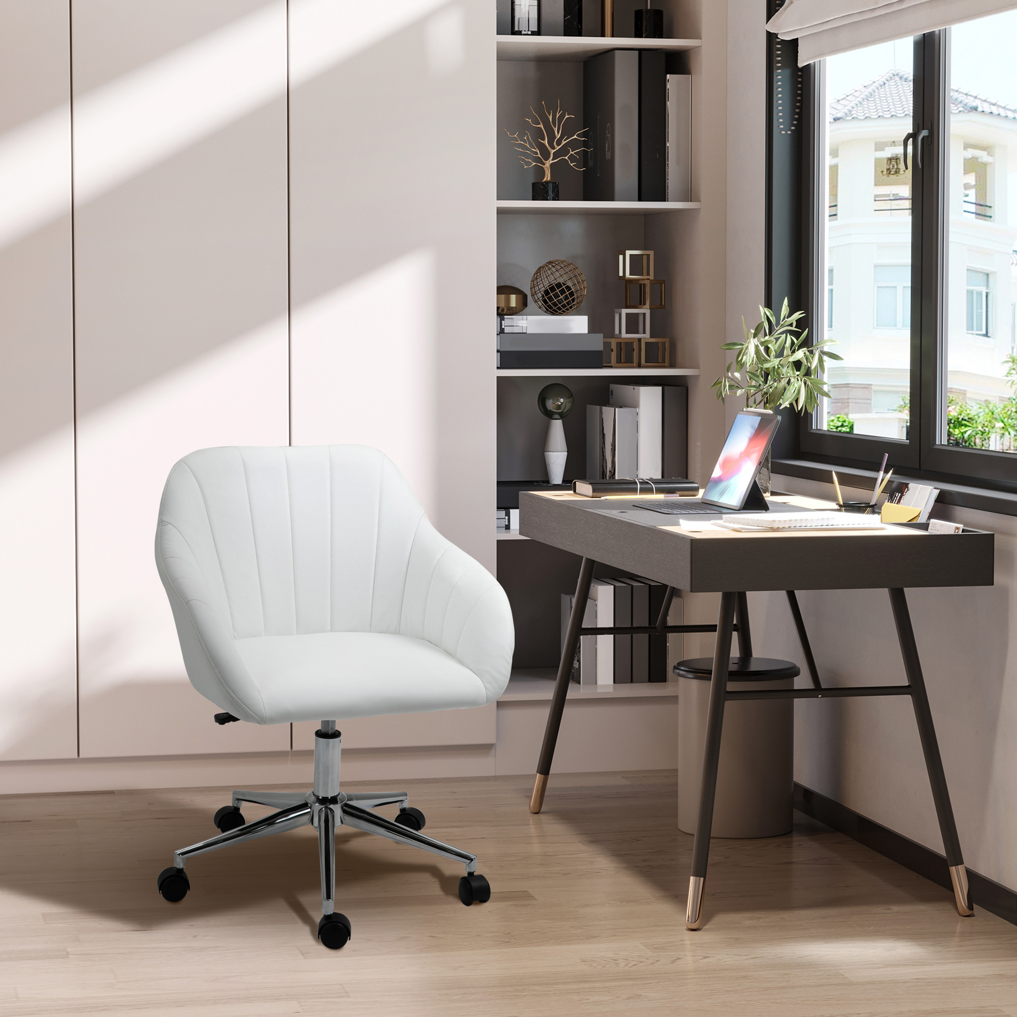  Mid Back Home Office Chair Computer Desk Chair with PU Leather, Adjustable Height, Swivel Wheels for Study, Bedroom, White