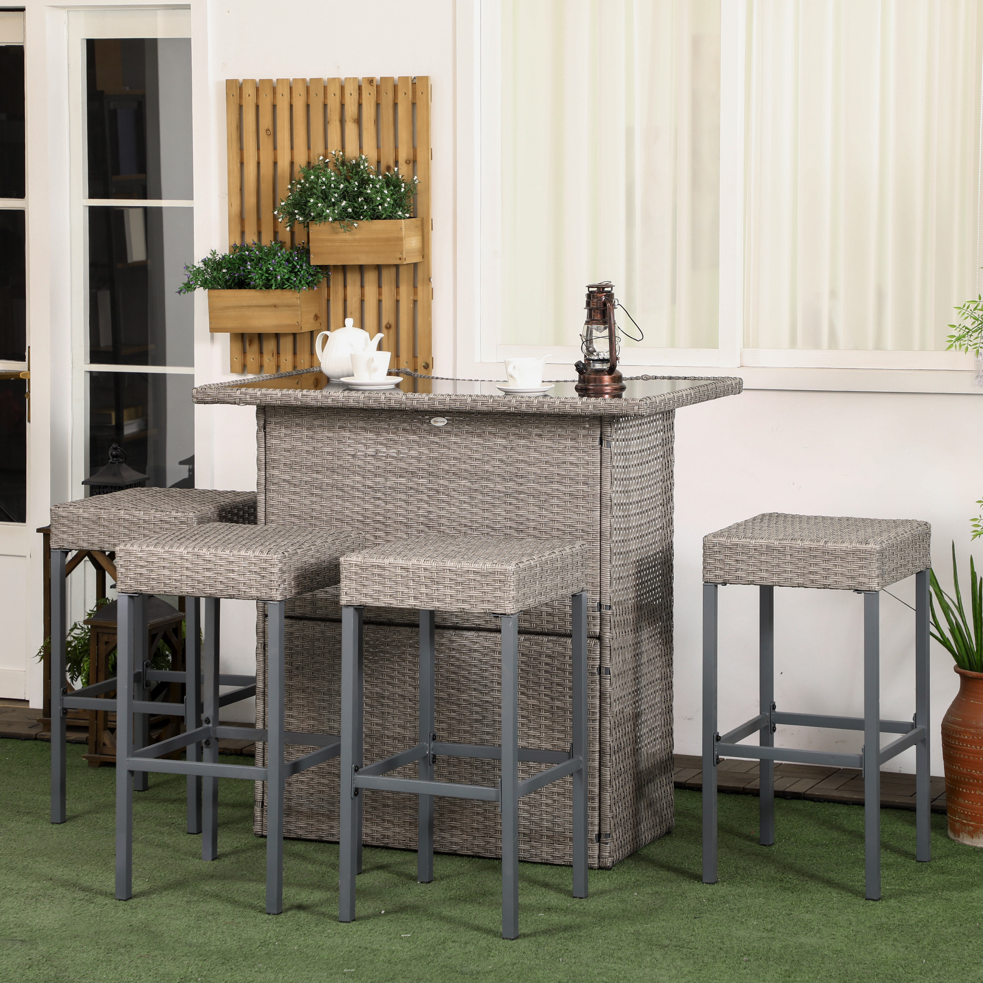  5 Piece Rattan Wicker Bar Set, High Top Outdoor Table and Chairs, Bar Height Patio Set, 2 Shelves & 4 Bar Stools, Gray
