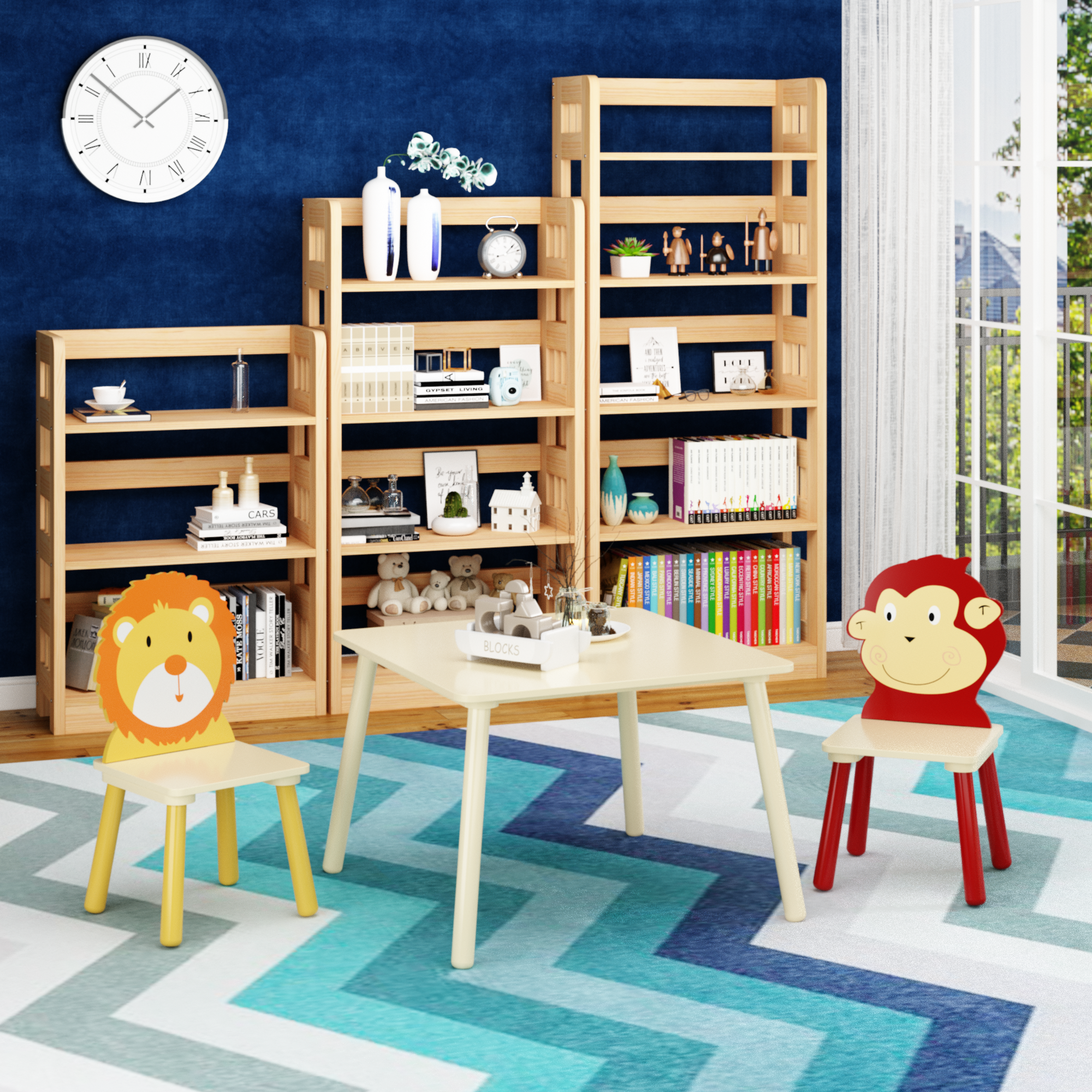 Kids Table And 2 Chairs Set, 3 Pieces Toddler Table And Chair Set, Wooden Activity Play Table Set Lion&Monkey