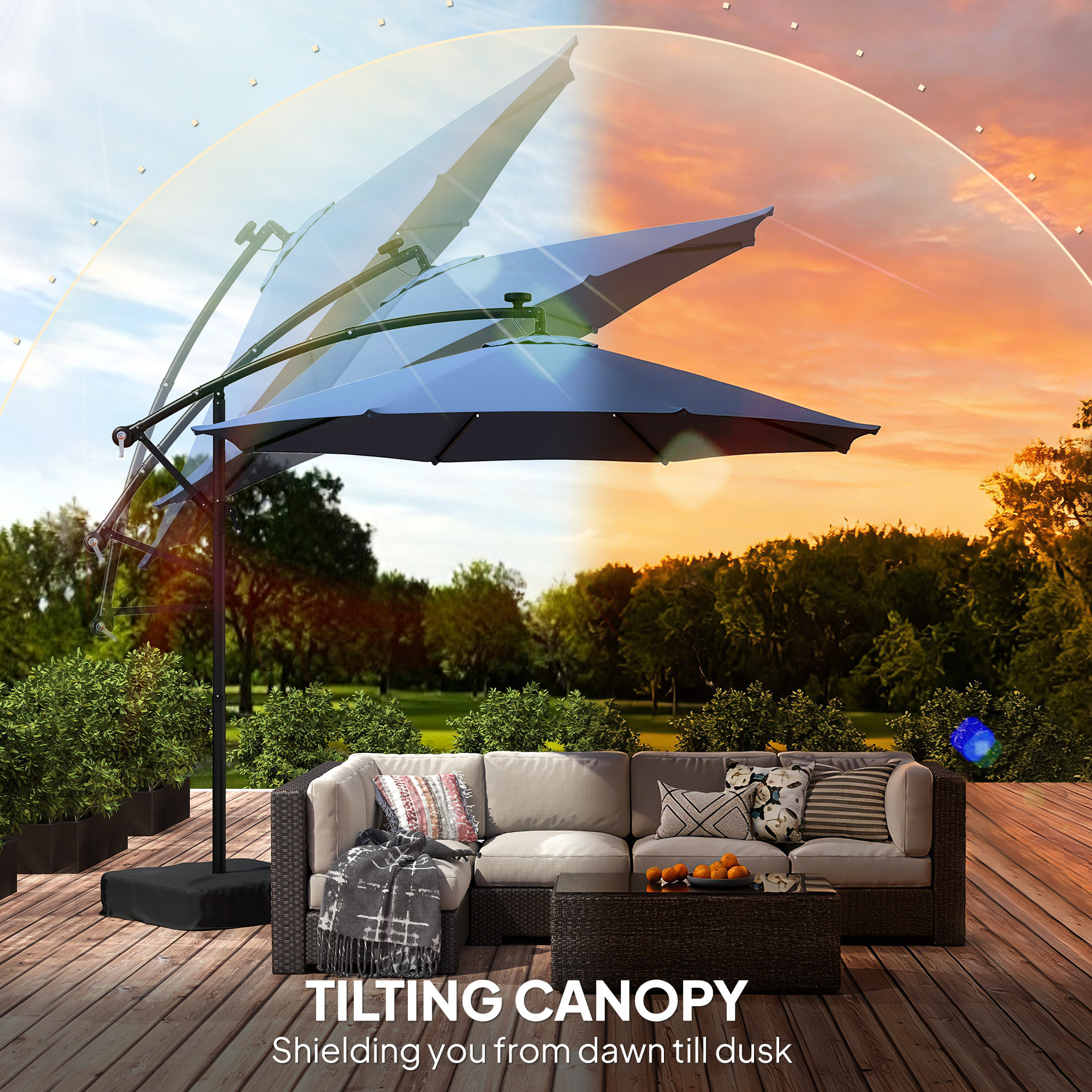  10 ft Cantilever Patio Umbrella with Light, Weight, Offset Hanging Outdoor Umbrella with Protective Cover, Dark Blue