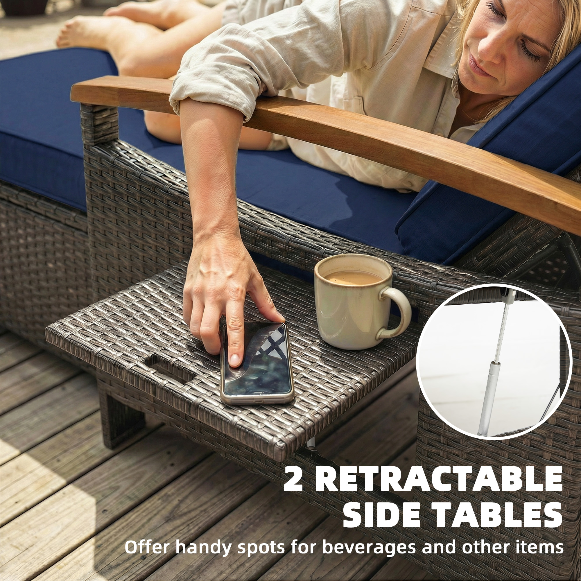  Rattan Outdoor Daybed w/4-Level Adjustable Backrest, Patio Sofa Bed w/Storage Ottoman, Acacia Wood Armrest, Navy Blue