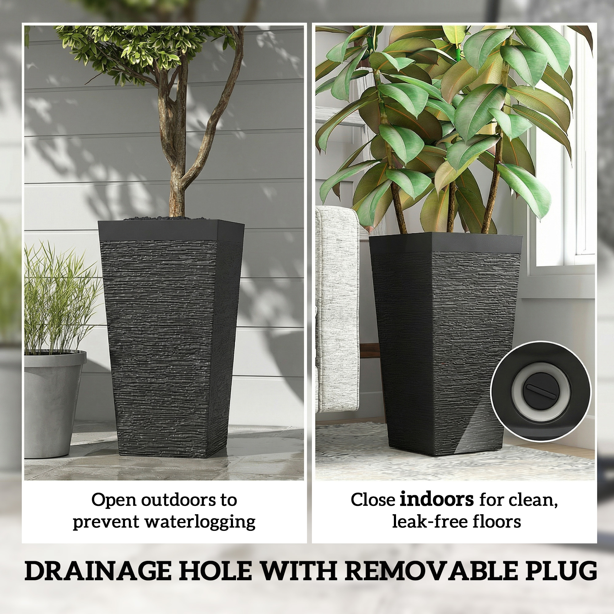  22.8 Inch Set of 3 Outdoor Planters with Stone Finish and Wheels, Stackable Tapered Planters with Drainage Hole, Black