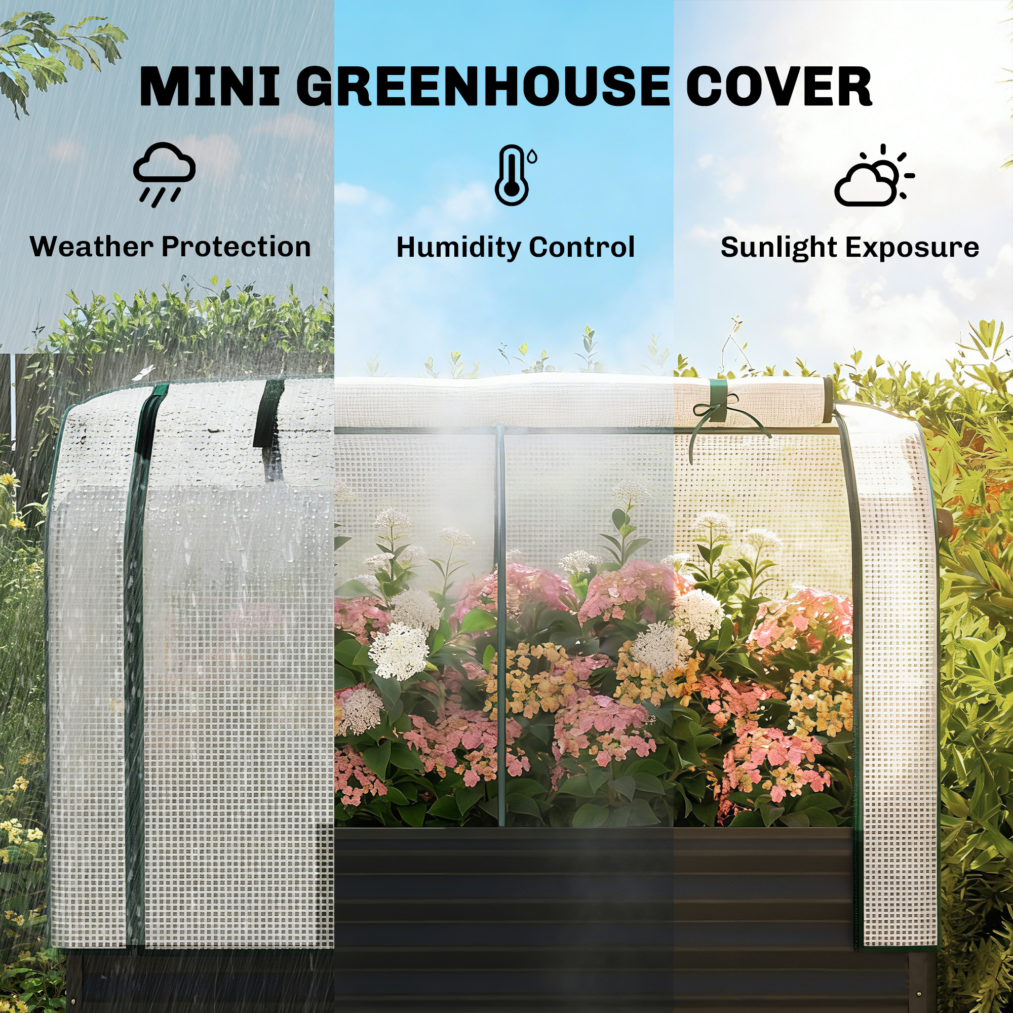  Galvanised Raised Garden Bed with Greenhouse Cover, Metal Elevated Garden Bed with Bed Liner, Bottom Shelf, Black