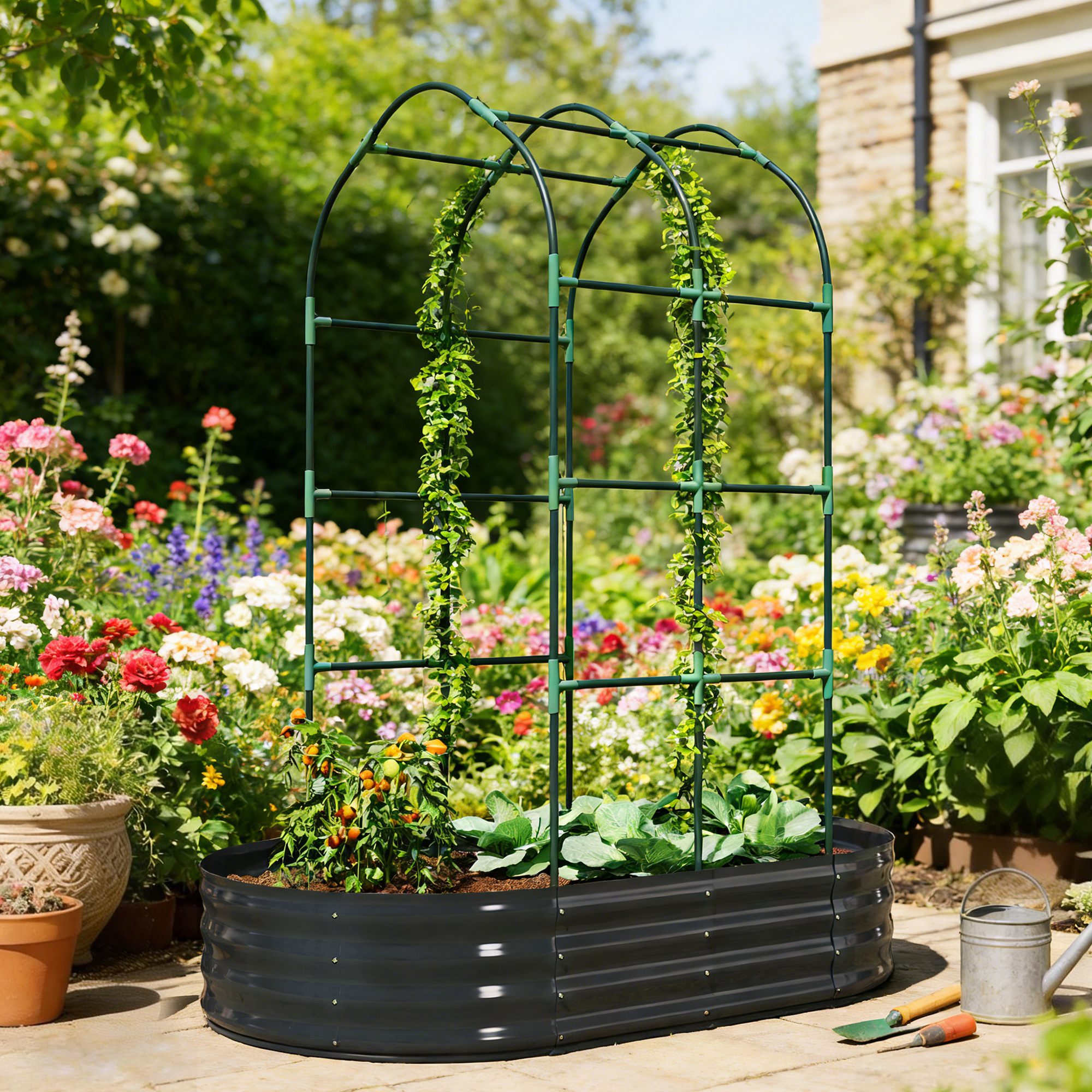  Galvanised Raised Garden Bed with Arched Trellis, 5 x 3 x 6ft Metal Outdoor Planter Box with Open Bottom, Dark Gray