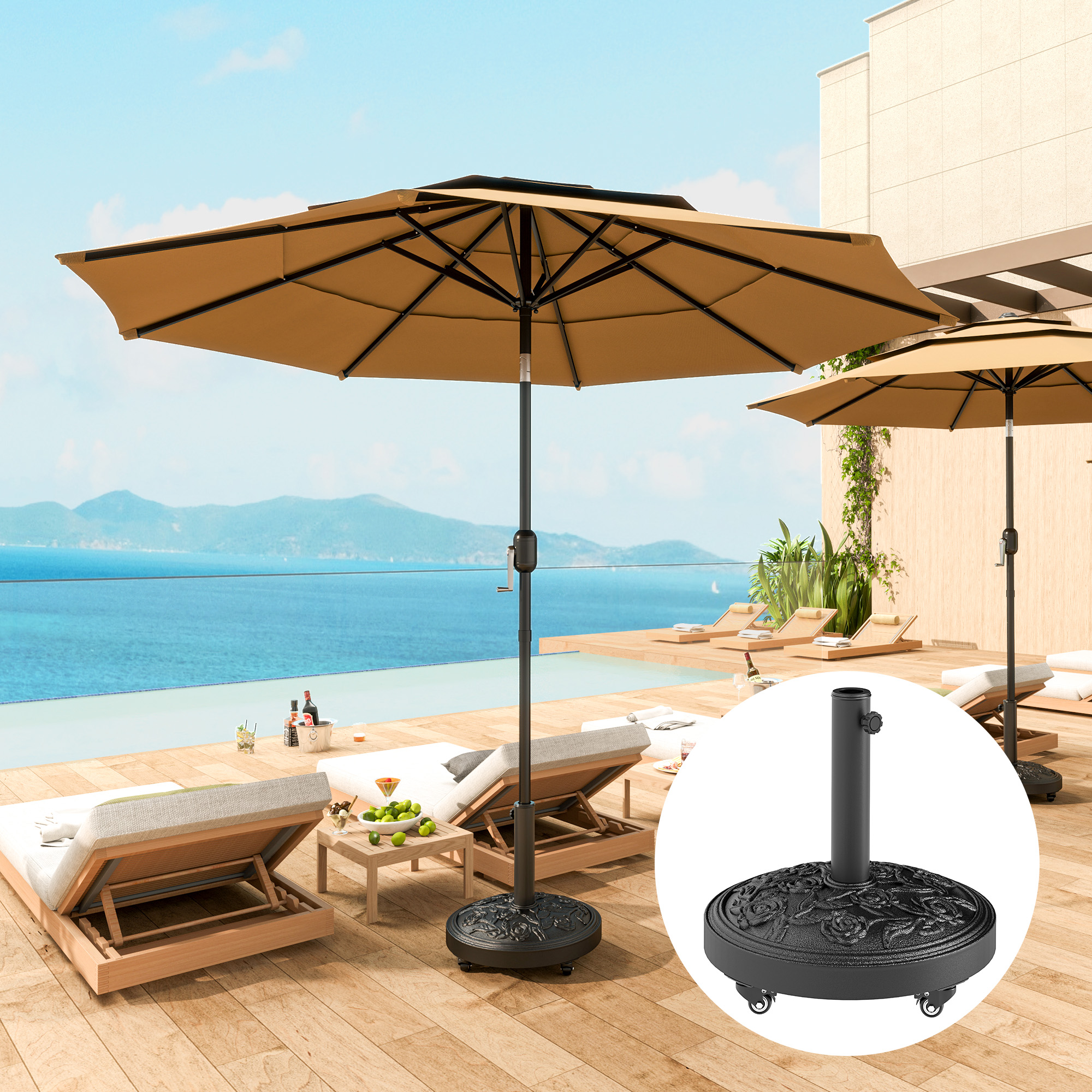  Round Patio Umbrella Base, 46 lbs Resin Umbrella Base with Wheels, Outdoor Umbrella Stand for 1.3"/1.5"/1.9" Umbrella Poles for Outdoor, Lawn, Poolside, Black