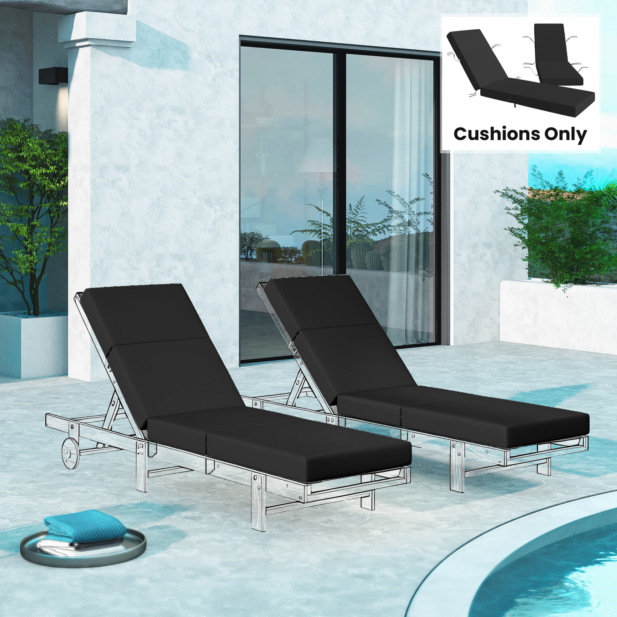  Set of 2 Chaise Lounge Cushion, 4" Thick Outdoor Lounge Chair Cushions with Ties for Patio, 21" x 72 ", Gray