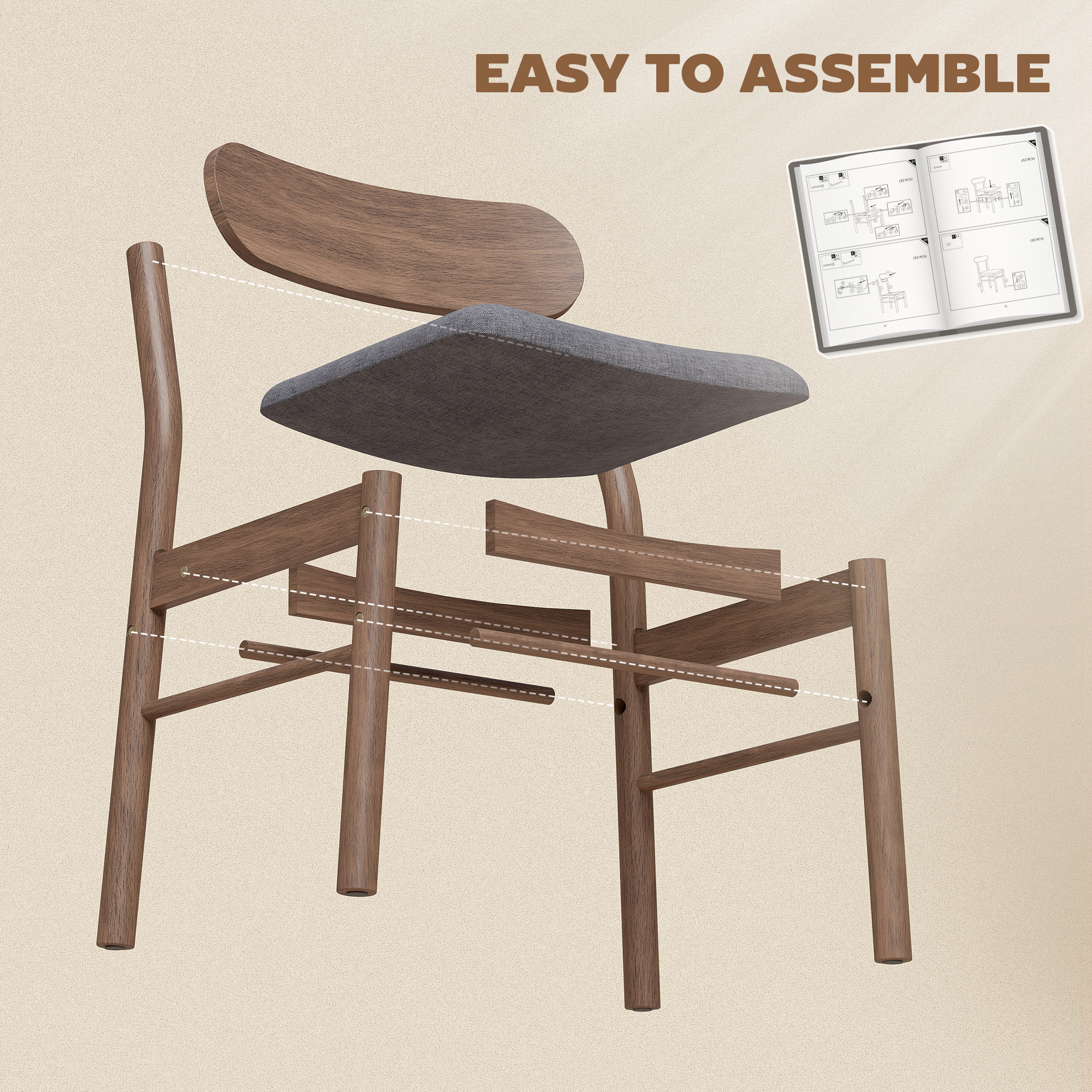  Set of 4 Dining Chairs, Upholstered Dining Room Chairs with Rubberwood Legs and Padded Seat for Kitchen, Gray