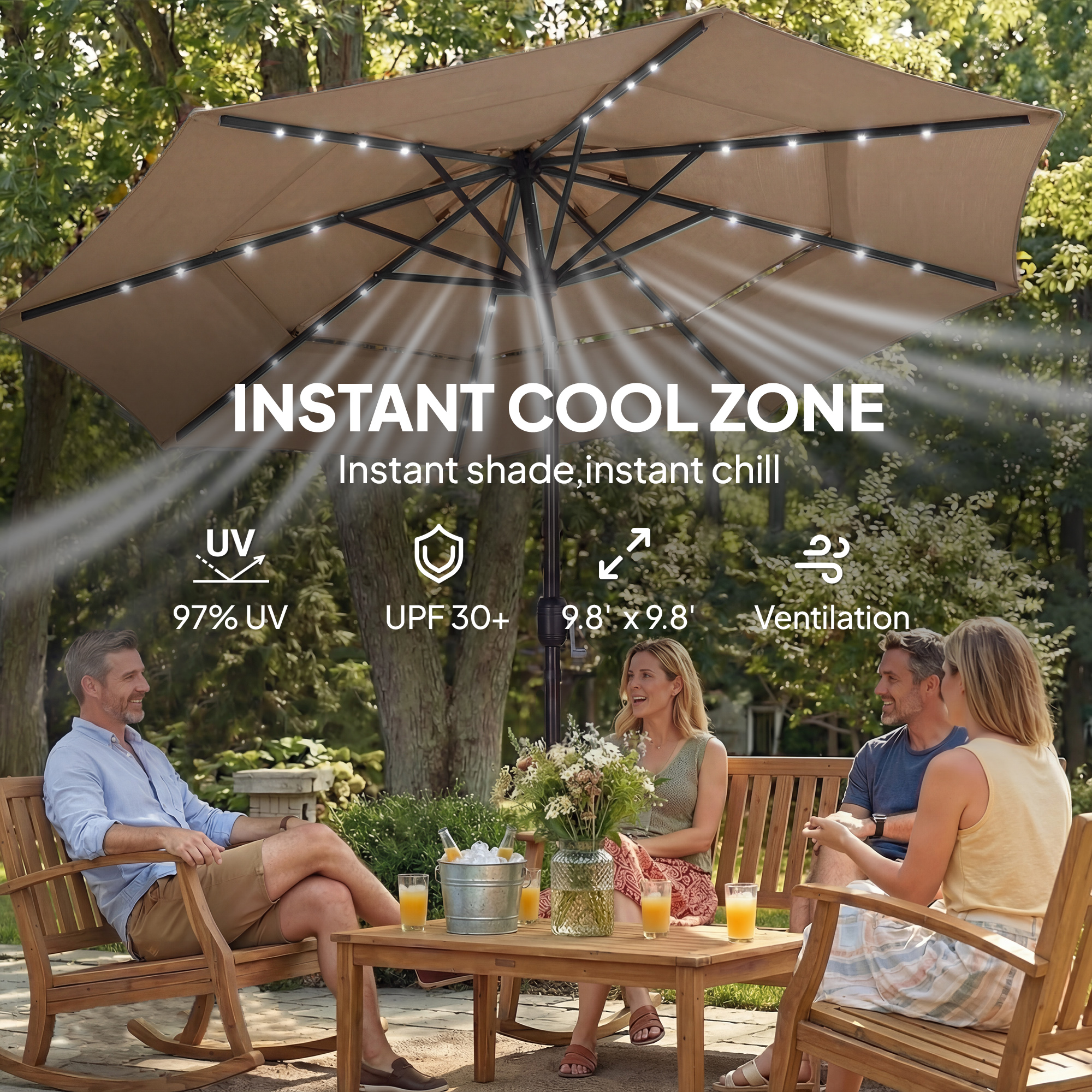  9.7 ft Outdoor Patio Umbrella with Solar LED Lights, 3 Tier Outdoor Table Umbrella with Tilt, Crank, Khaki