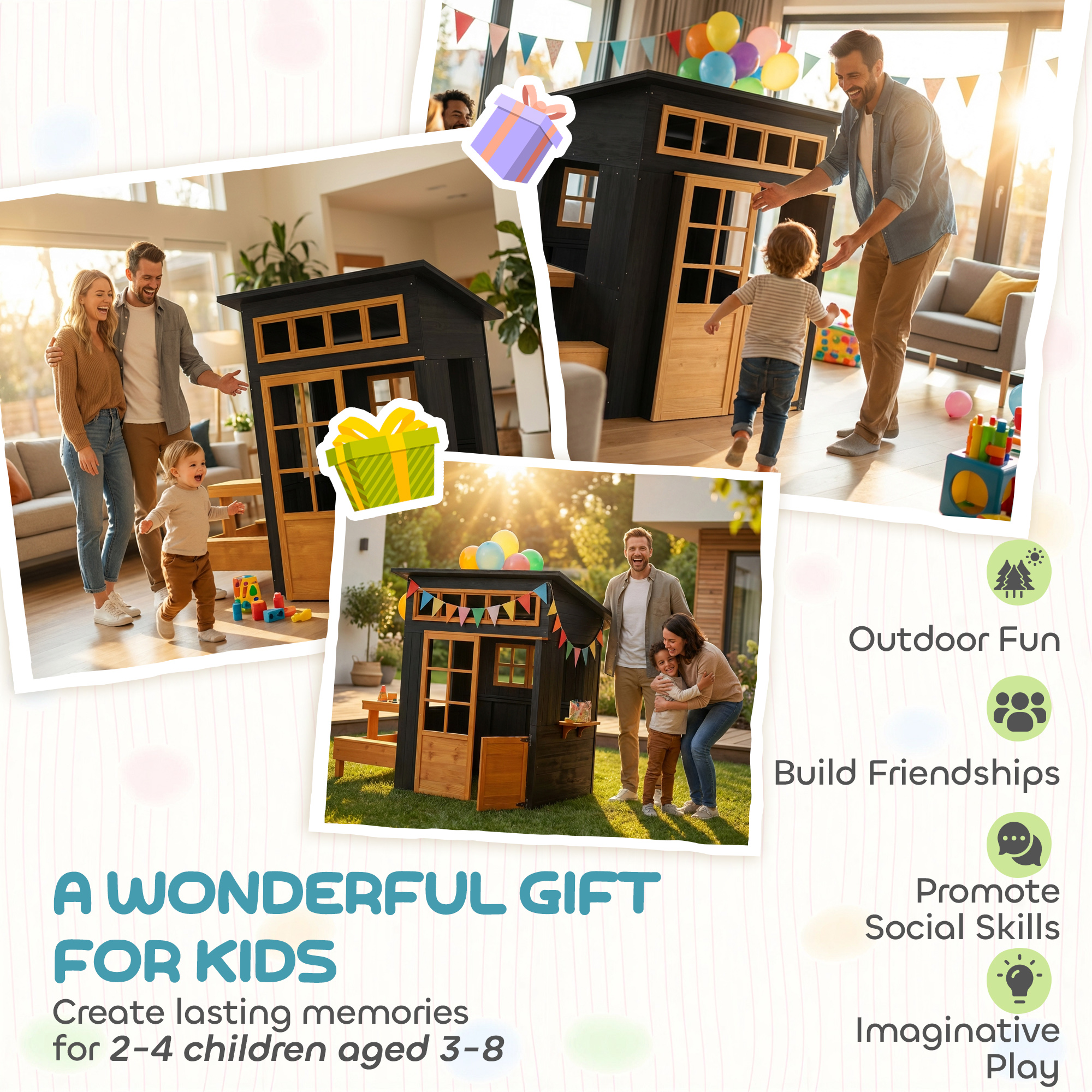 Outdoor Playhouse, Wooden Kids Playhouse w/ Picnic Table & Benches, Chalkboards, Half Door, Windows, for Kids Ages 3-8