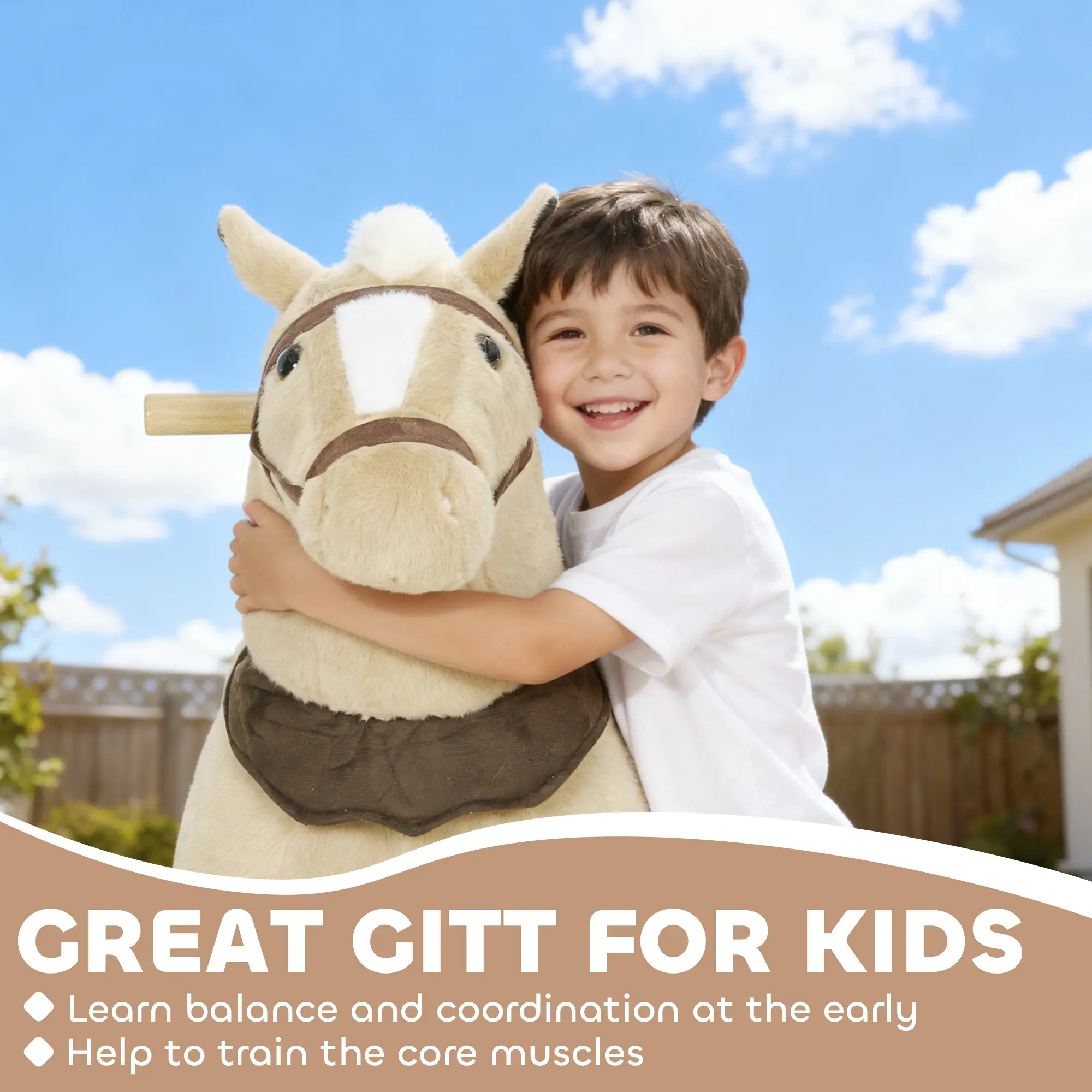 Ride on Horse, Plush Riding Pony for Ages 3-5, Walking Horse Animal with Wheels for Active Play, Brown