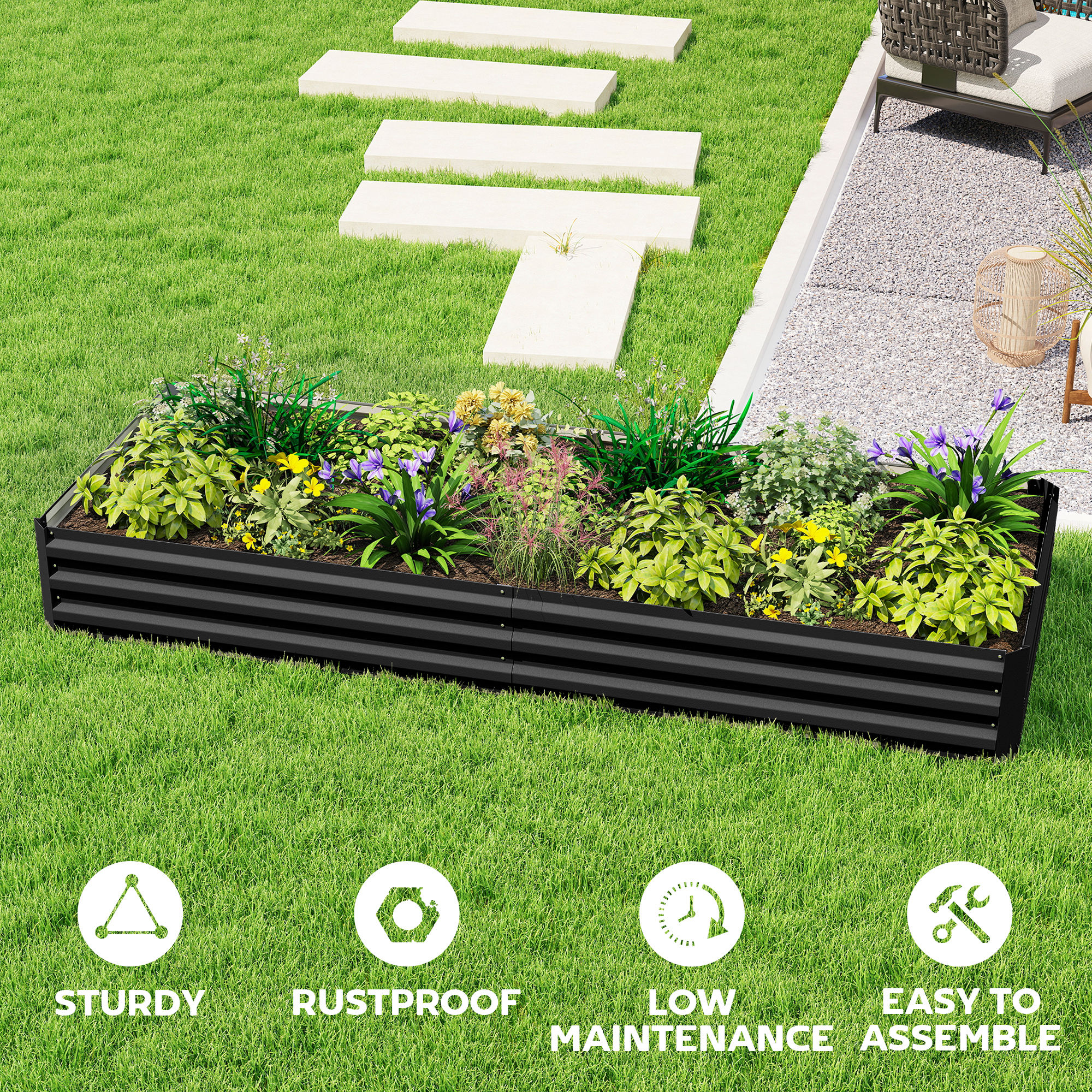  95" x 36" x 12" Galvanized Raised Garden Bed, Easy DIY and Cleaning for Growing Flowers, Herbs, Succulents, Black